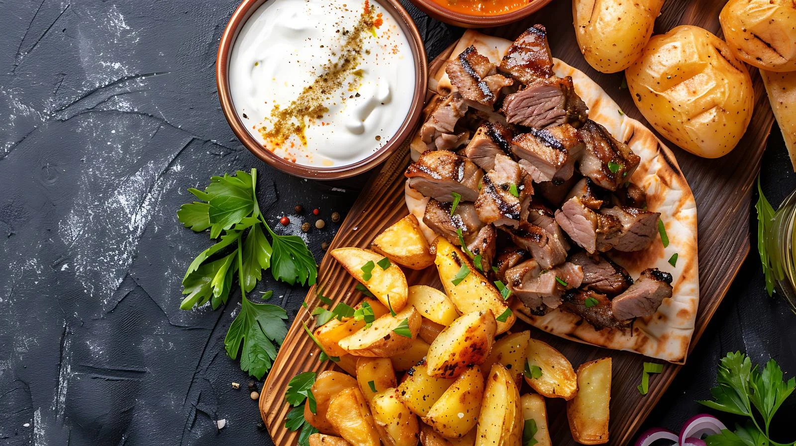 Delicious Souvlaki and Potatoes Platter — free download from Dotvec