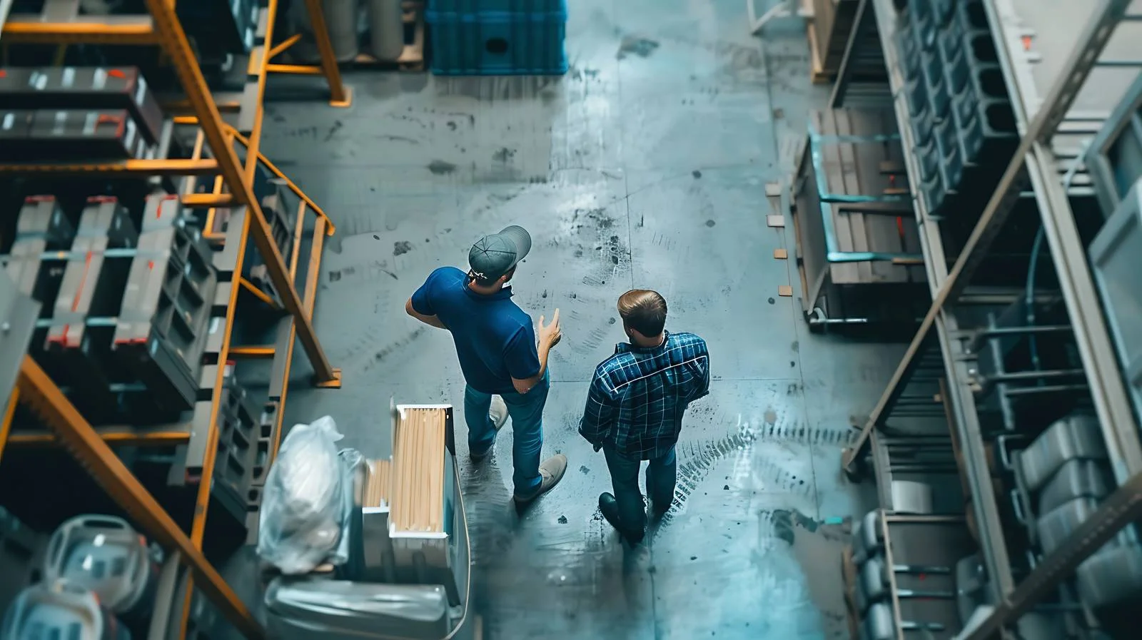 Discussion between two workers on factory floor — free download from Dotvec