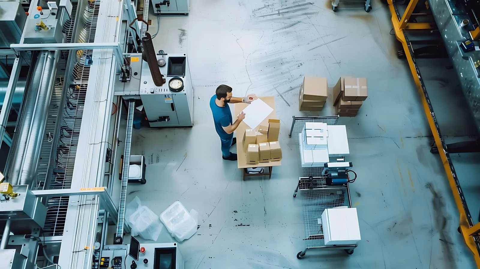 Discussion between workers on factory shop floor — free download from Dotvec