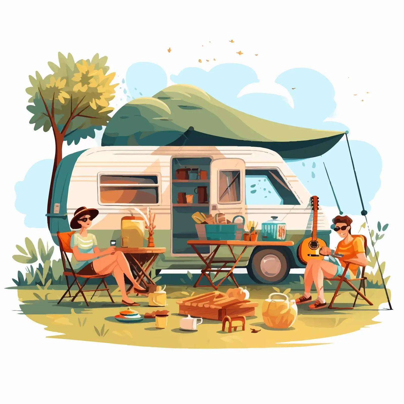 Tourists Relaxing in Camping Area Vector Illustration — free download from Dotvec