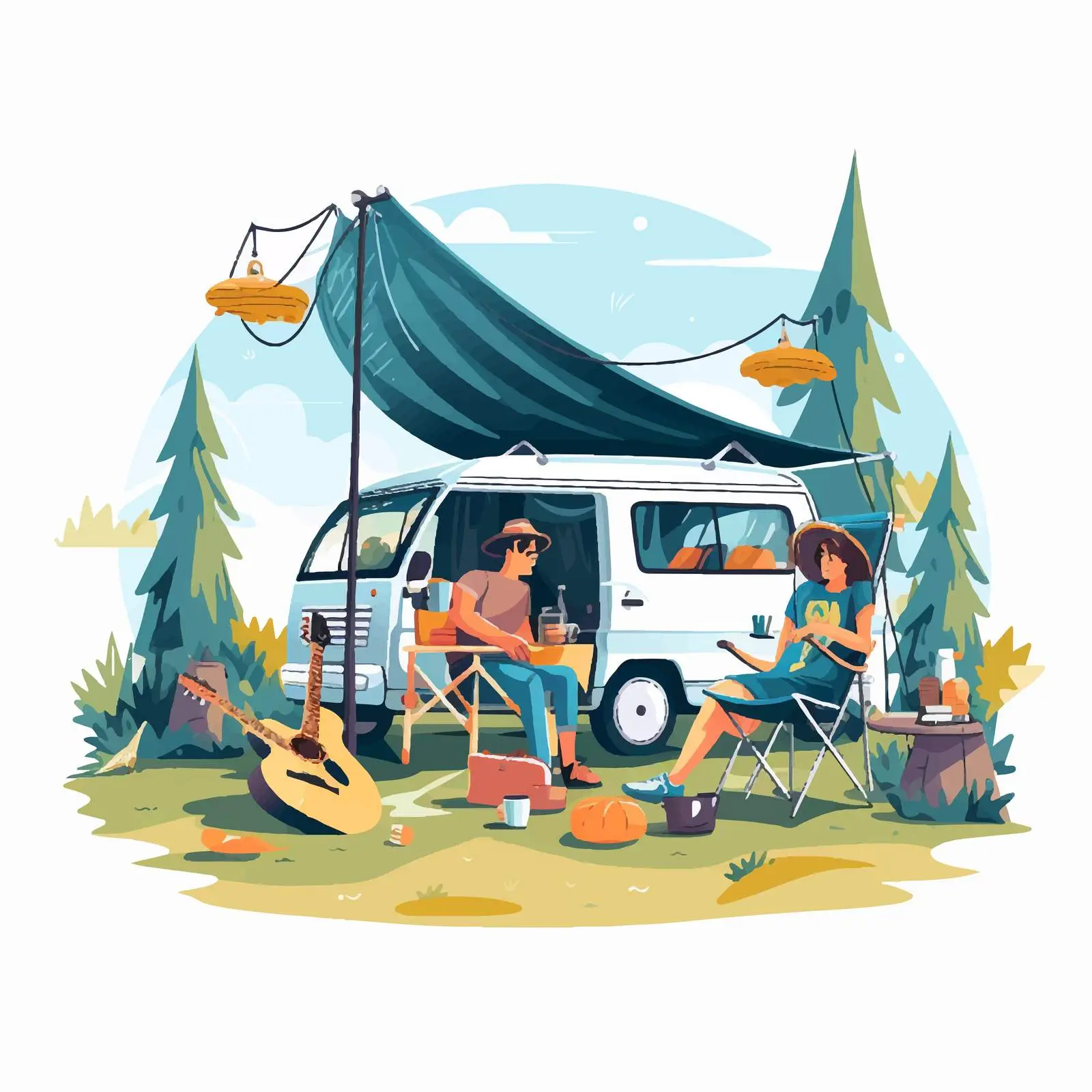 Tourists Relaxing at Camping Area Illustration — free download from Dotvec