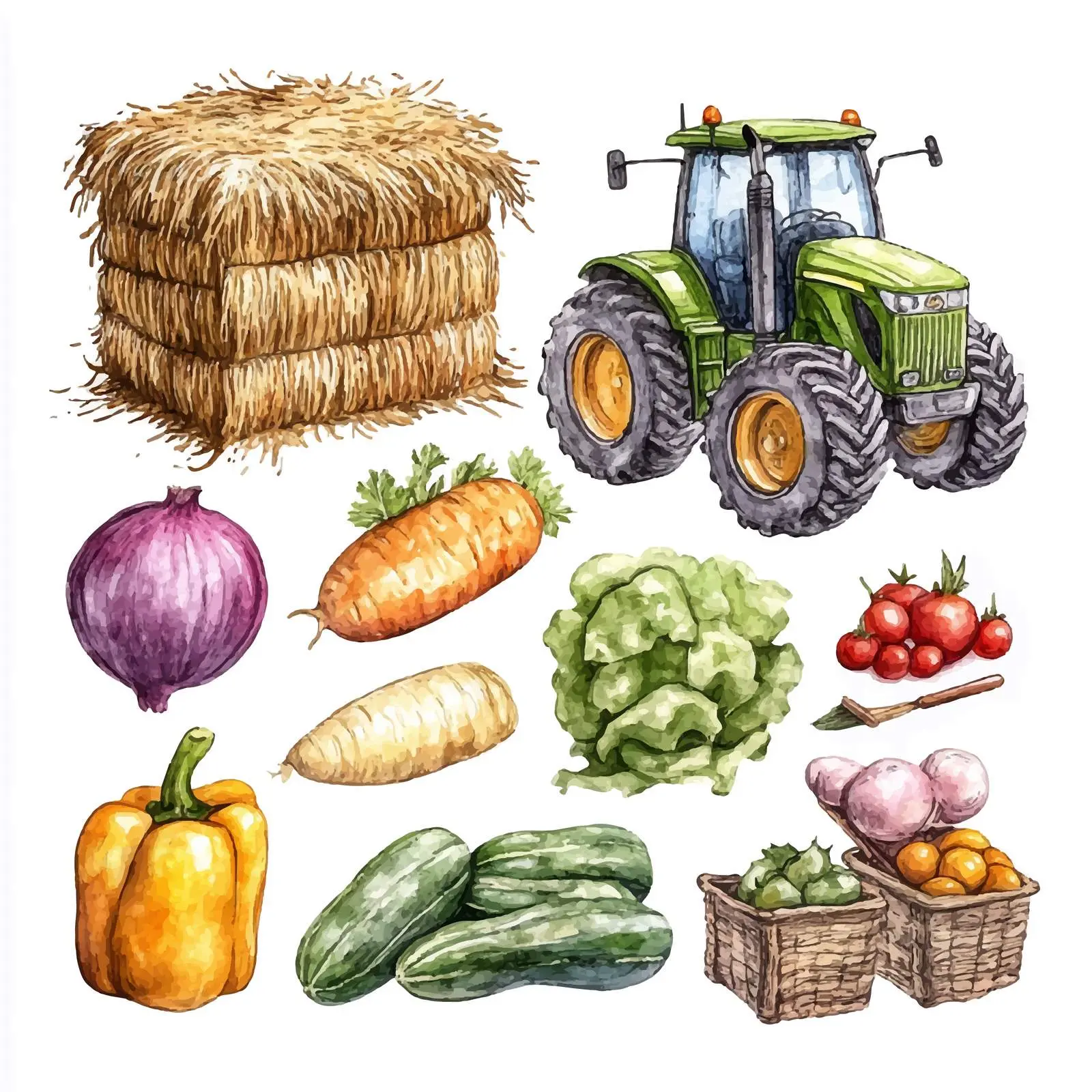 Watercolor Agricultural Set with Tractor and Produce — free download from Dotvec