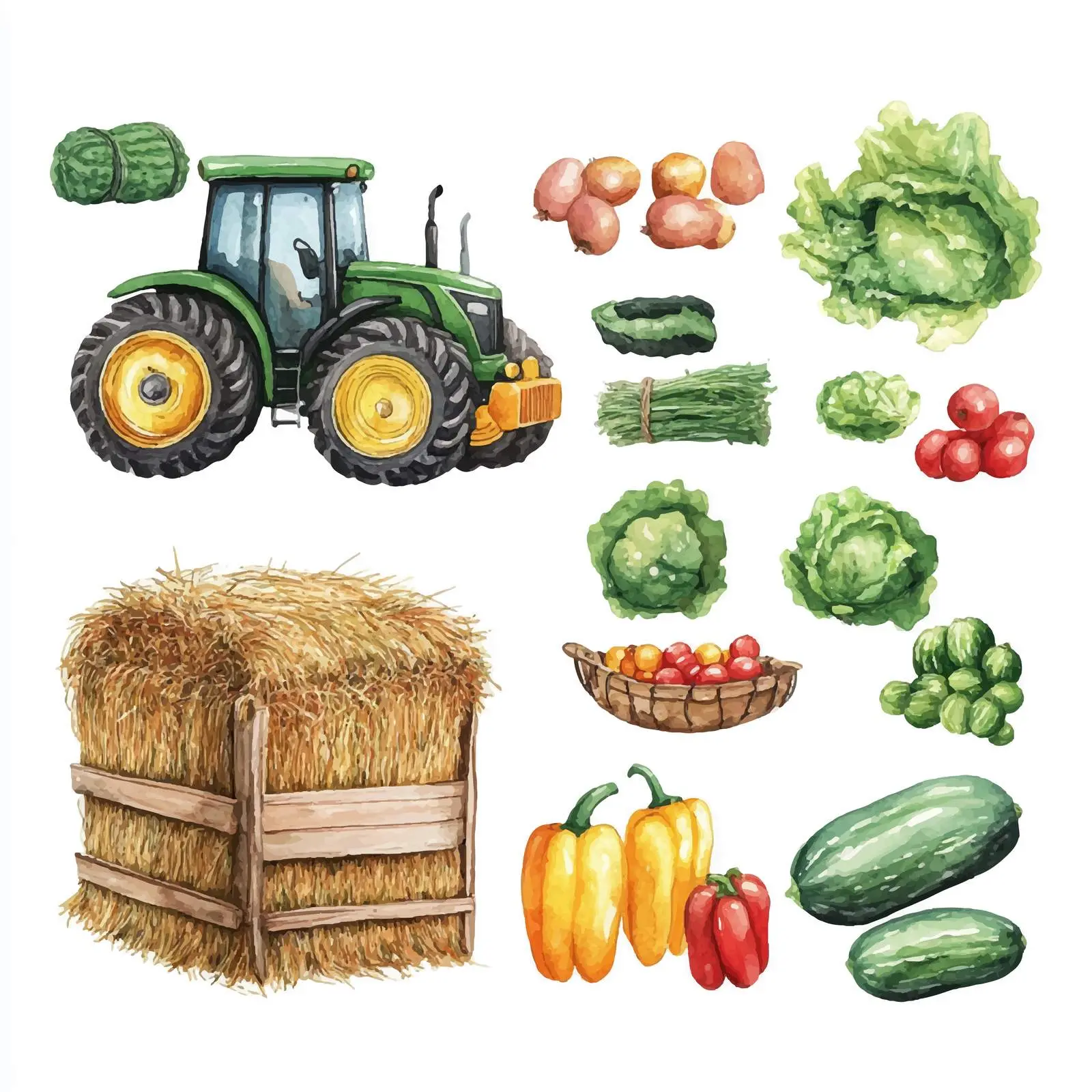 Watercolor Agricultural Set with Tractor and Fruits – free tractor image from Dotvec