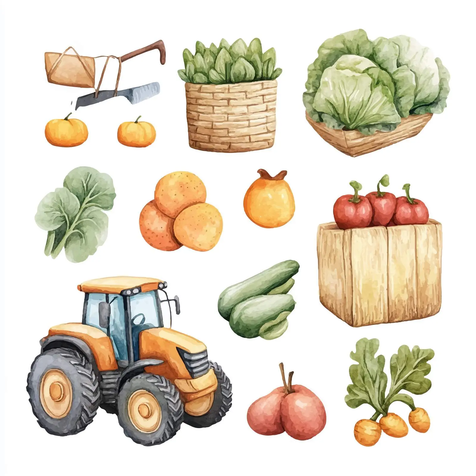 Watercolor Agricultural Set with Tractor and Produce — free download from Dotvec