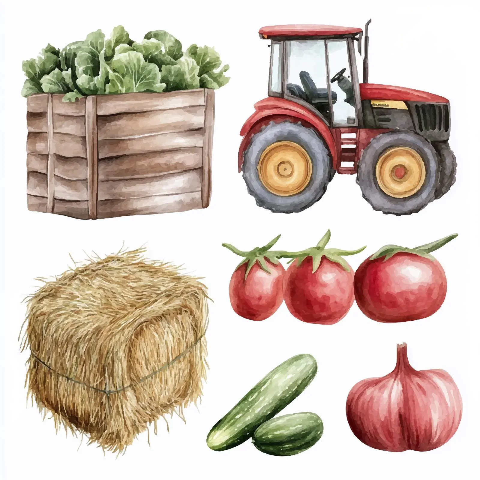 Watercolor Agricultural Set with Tractor and Vegetables — free download from Dotvec