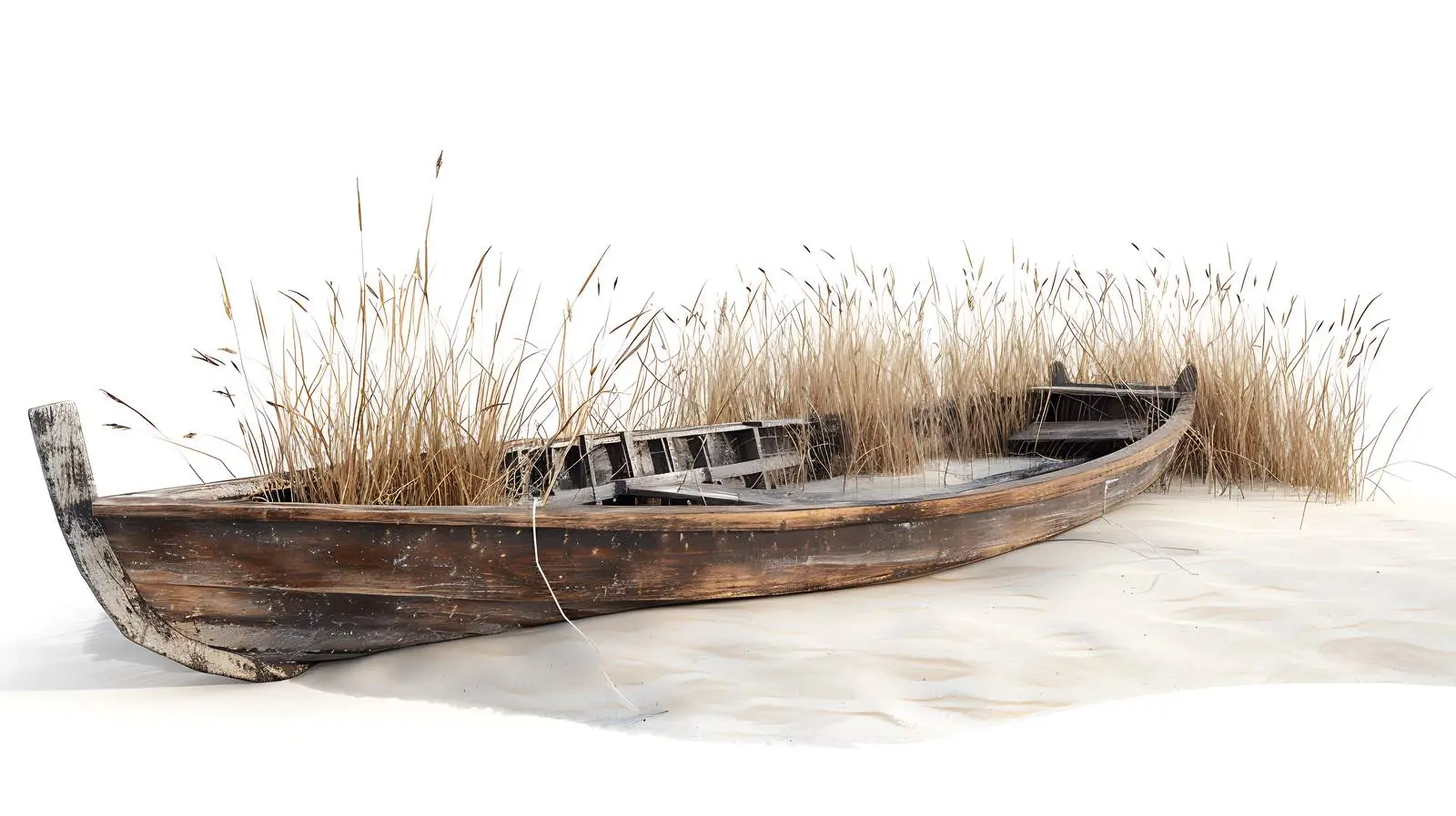 Traditional Wooden Boat on Beach with Dry Grass — free download from Dotvec