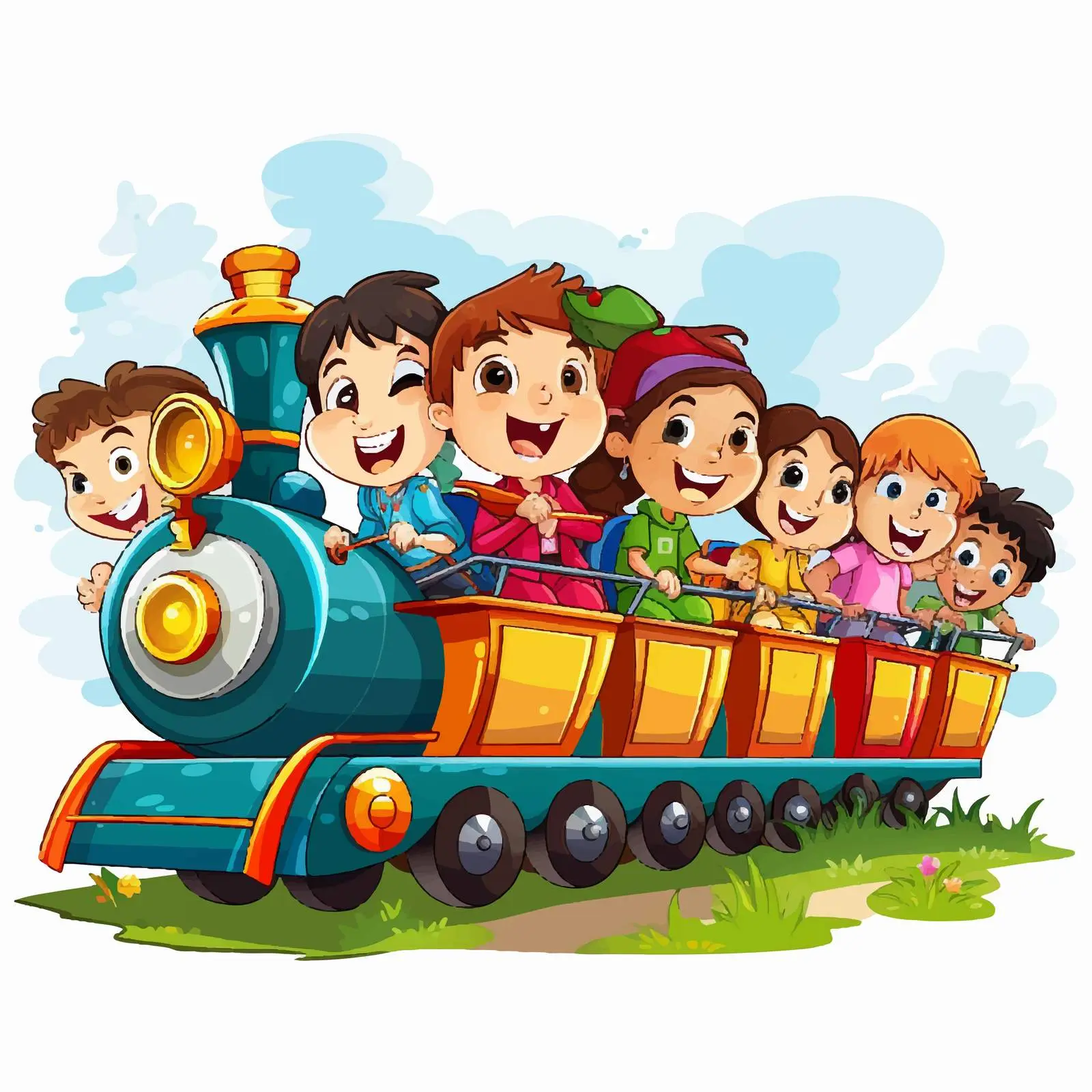 Children Enjoying a Train Ride Illustration — free download from Dotvec