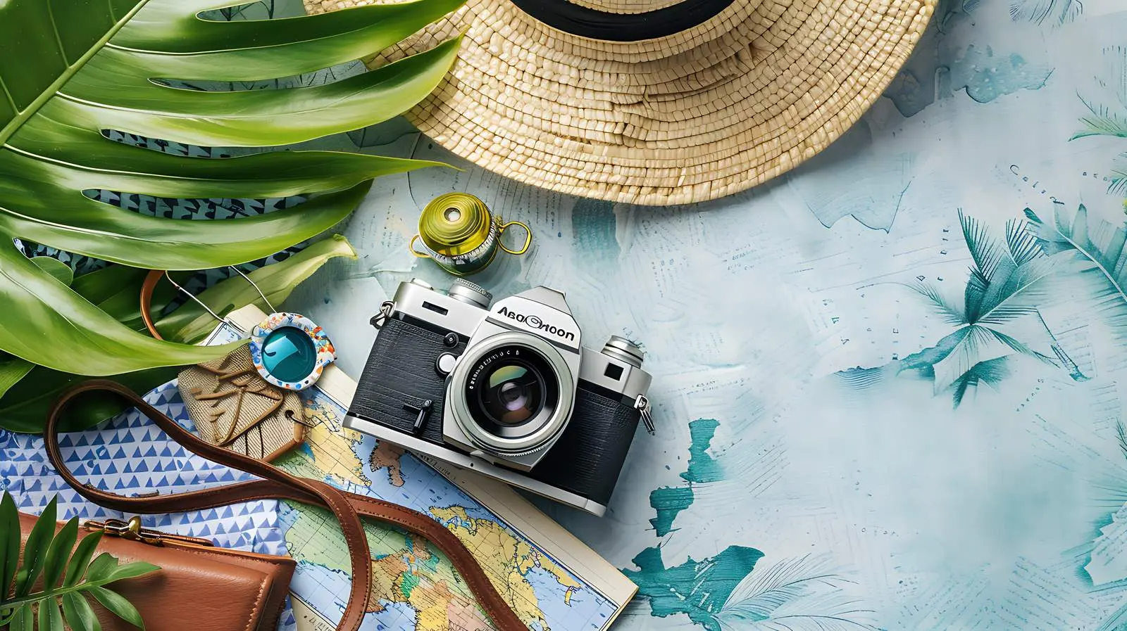 Stylish Travel Kit with Retro Camera and Map — free download from Dotvec