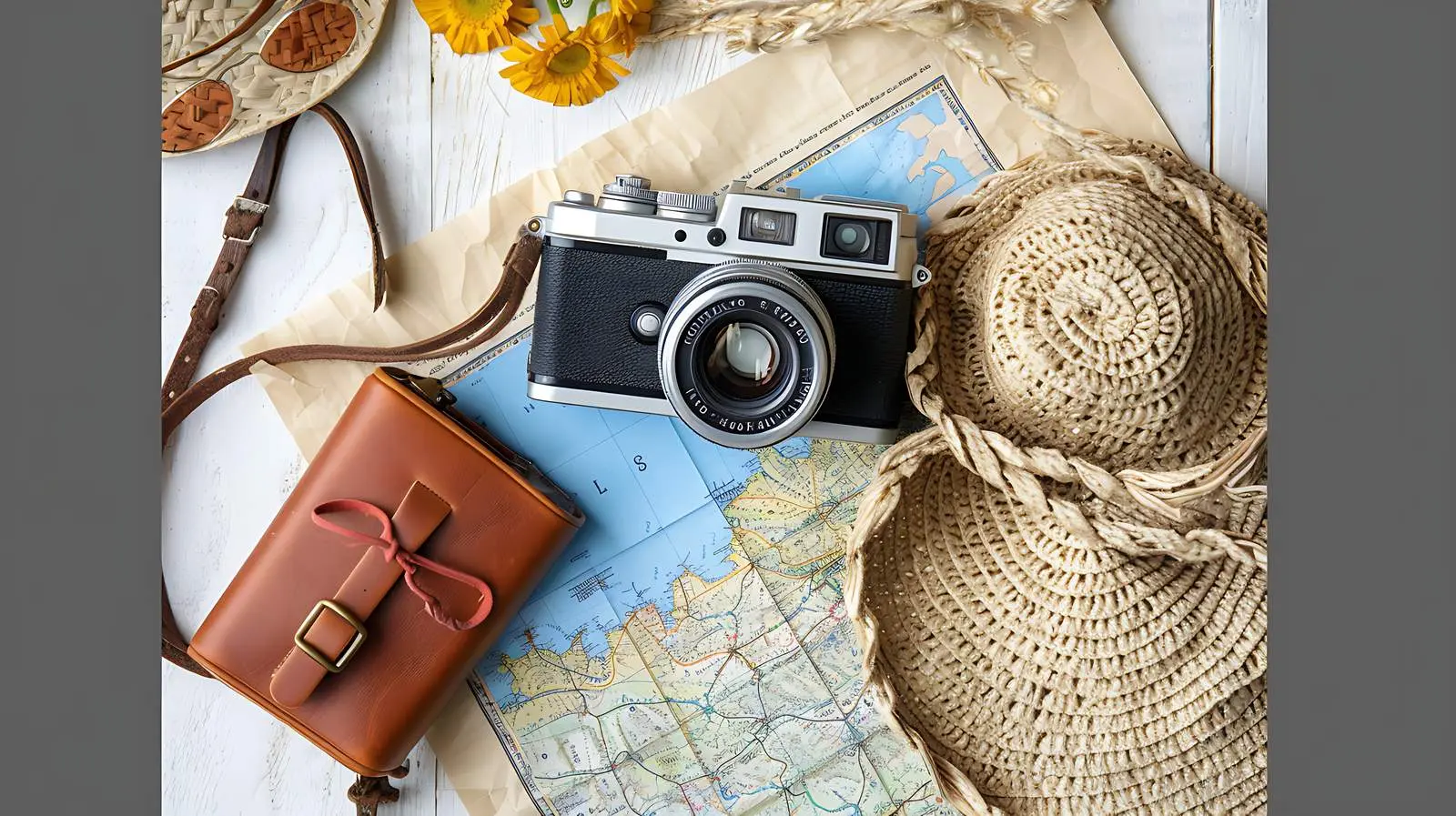 Hipster Travel Kit with Retro Camera and Map — free download from Dotvec