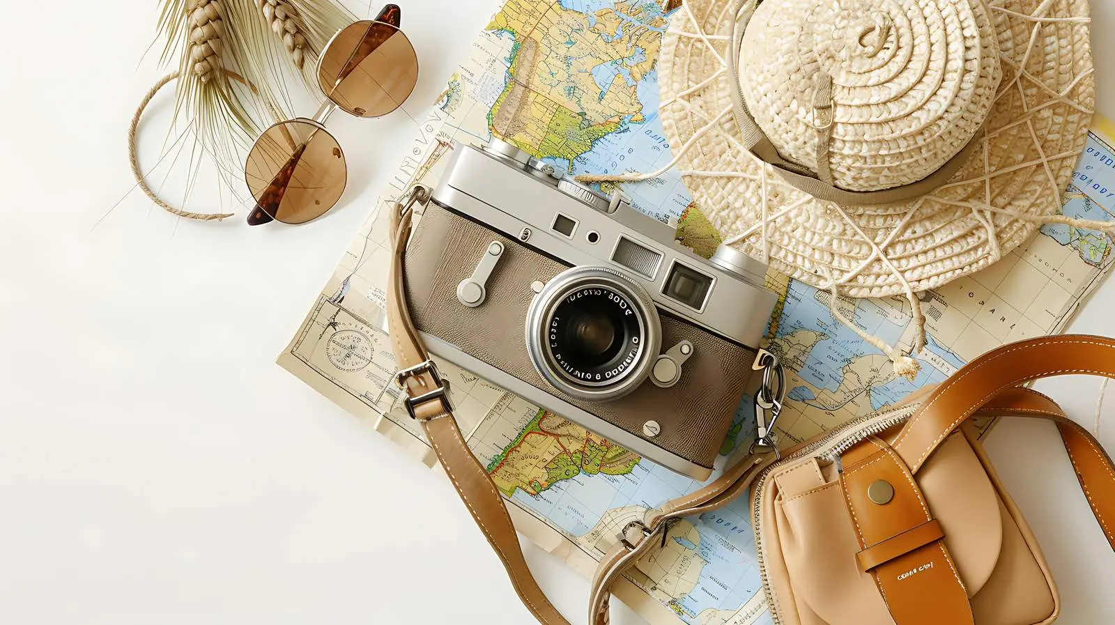 Hipster Travel Kit with Camera and Map – free retro image from Dotvec