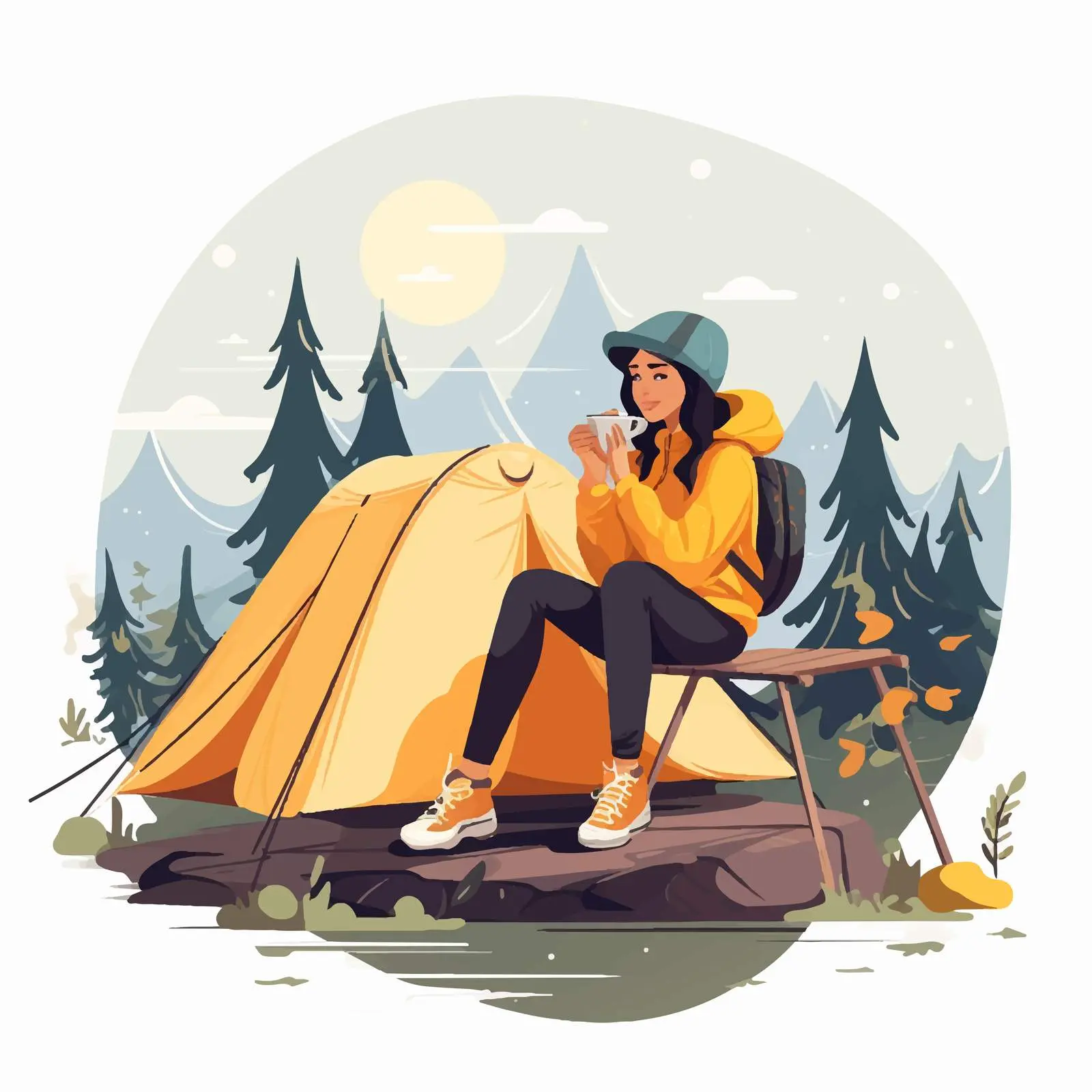 Young Woman Camping Alone on a Log — free download from Dotvec