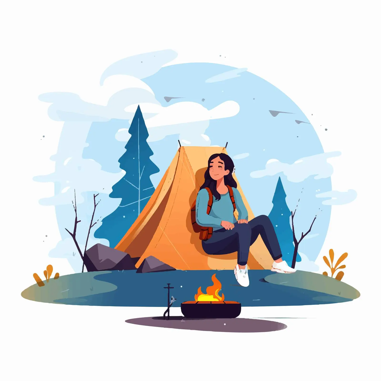 Young Woman Camping Alone on Log — free download from Dotvec