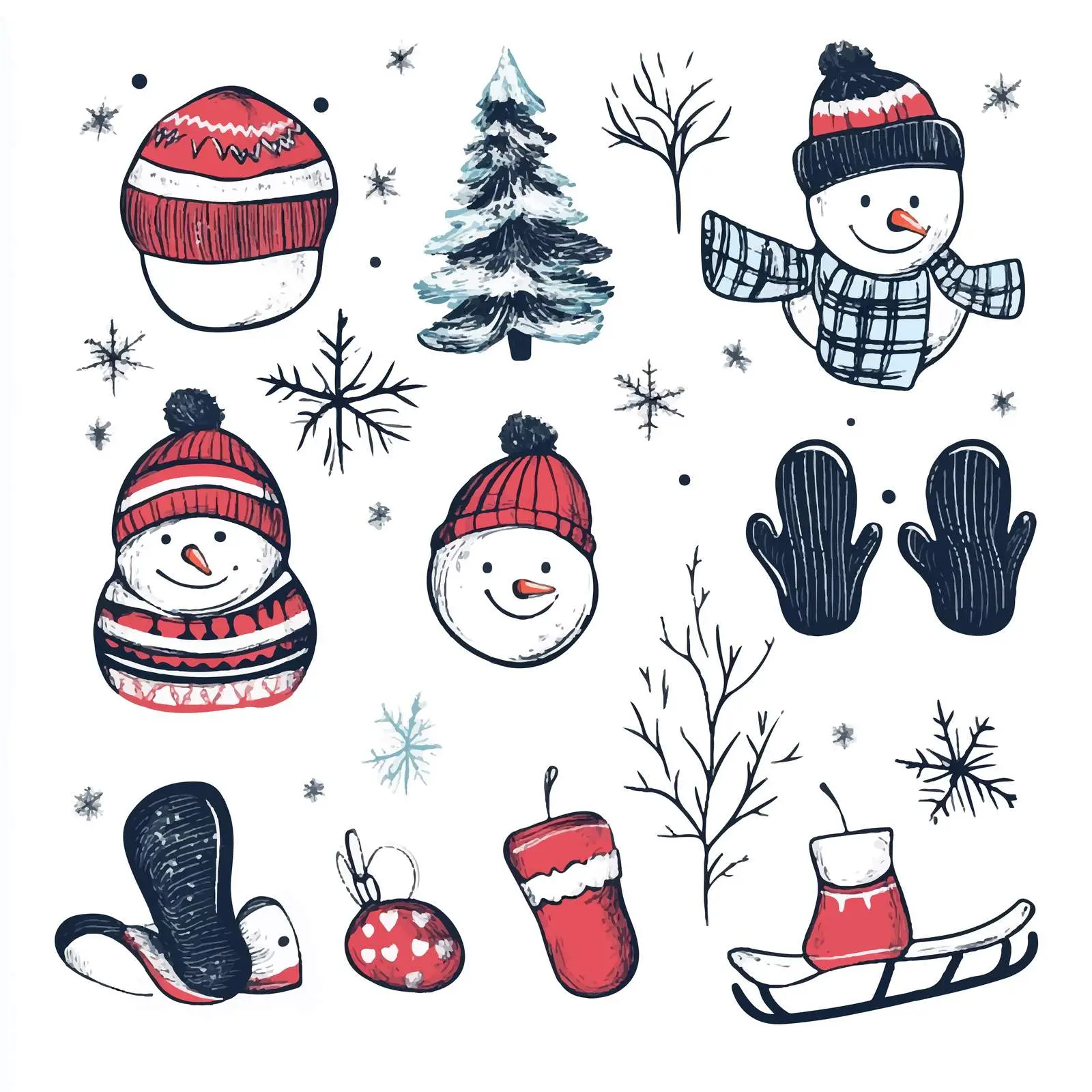 Winter Knitting Elements: Snowman and Mittens — free download from Dotvec