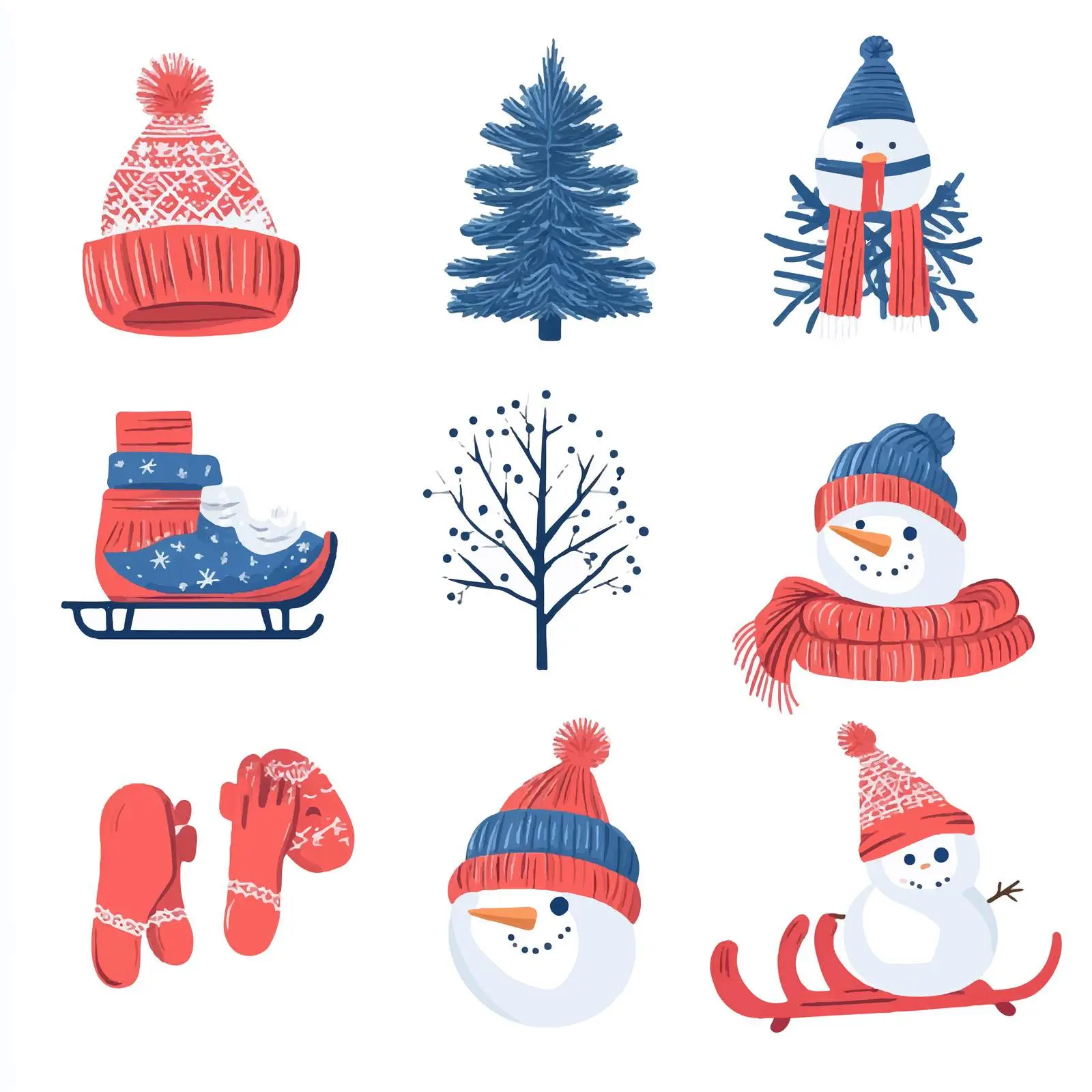 Winter Elements: Knitted Hat, Snowman, and Sled — free download from Dotvec