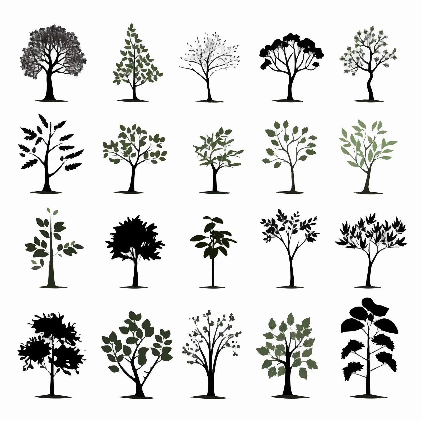 Silhouettes of Trees with Different Leaves – free plant graphics image from Dotvec