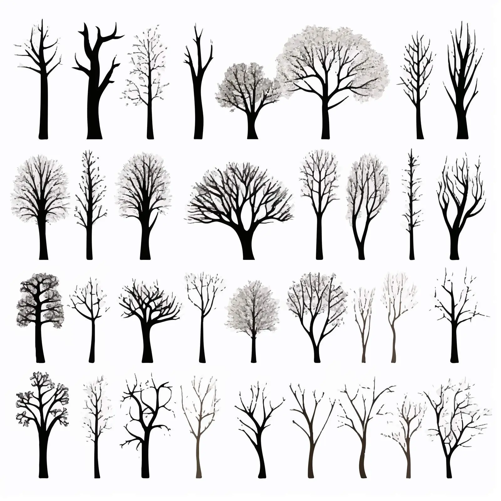Isolated Tree Silhouettes Set Without Leaves – free black silhouette image from Dotvec