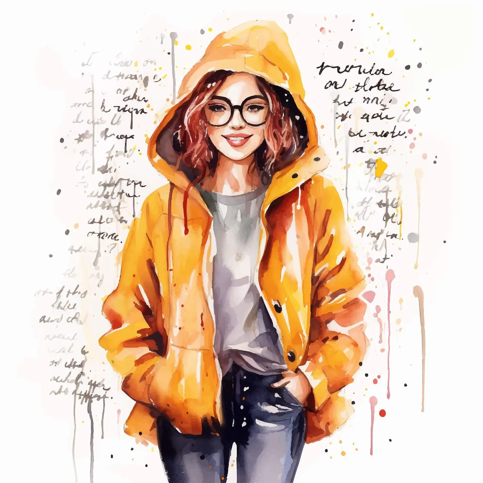 Trendy Girl in Glasses and Raincoat Illustration — free download from Dotvec