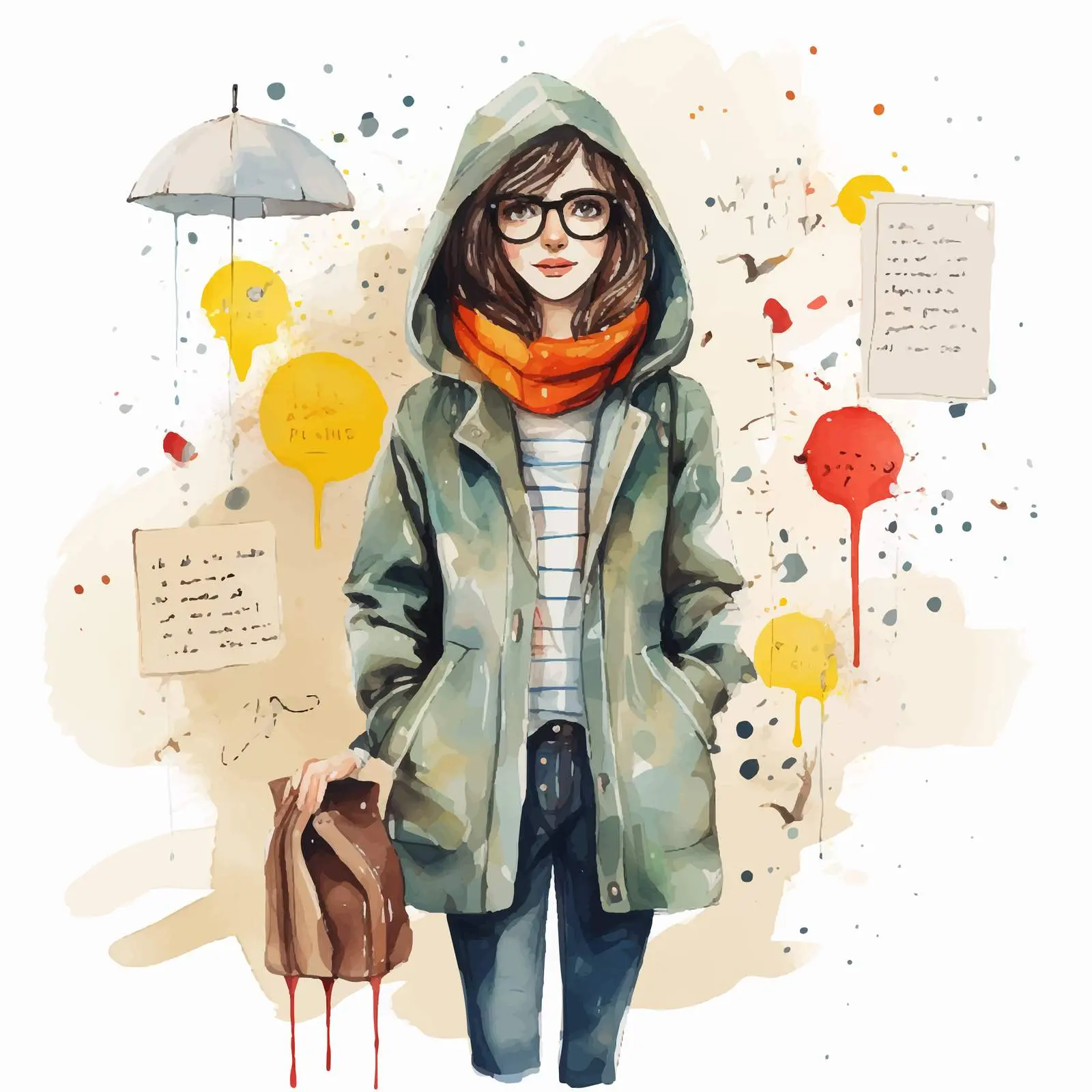 Trendy Girl in Glasses and Raincoat Illustration — free download from Dotvec