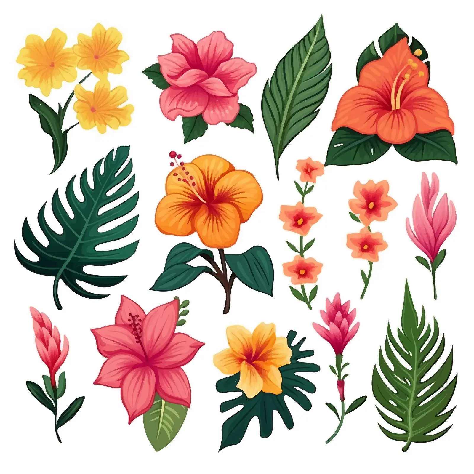 Tropical Exotic Flowers and Leaves Cartoon Vector Design — free download from Dotvec