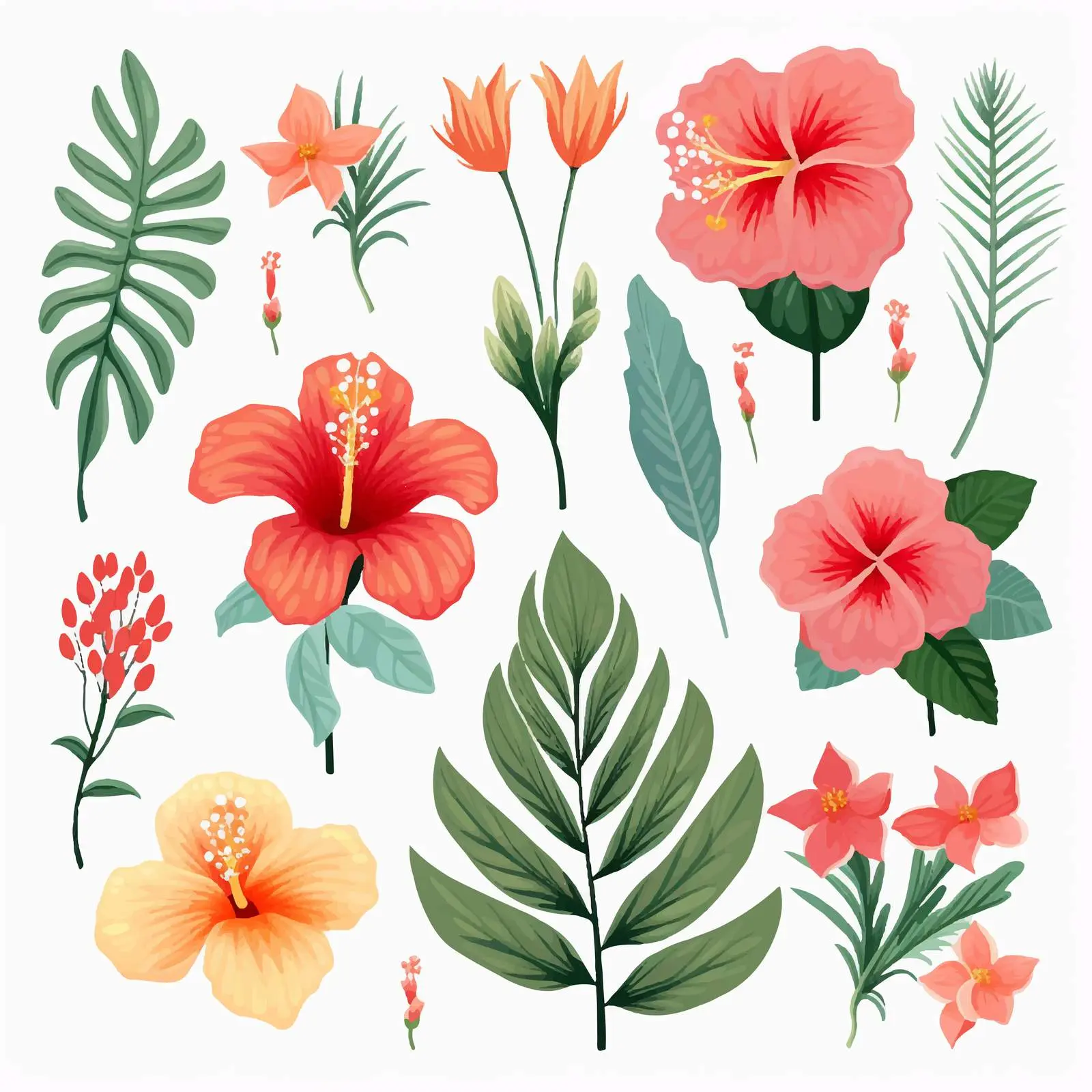 Tropical Exotic Flowers and Leaves Vector Illustration — free download from Dotvec