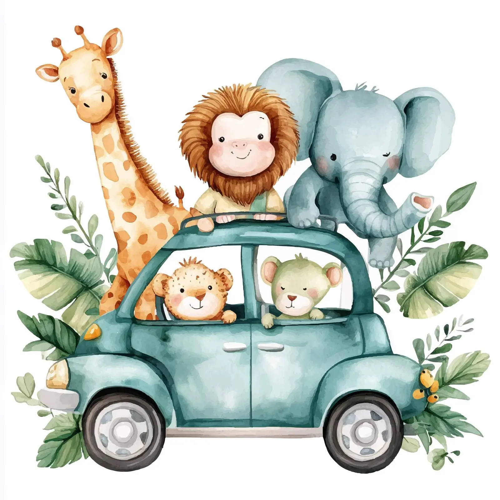 Tropical Animals Driving a Car Illustration — free download from Dotvec