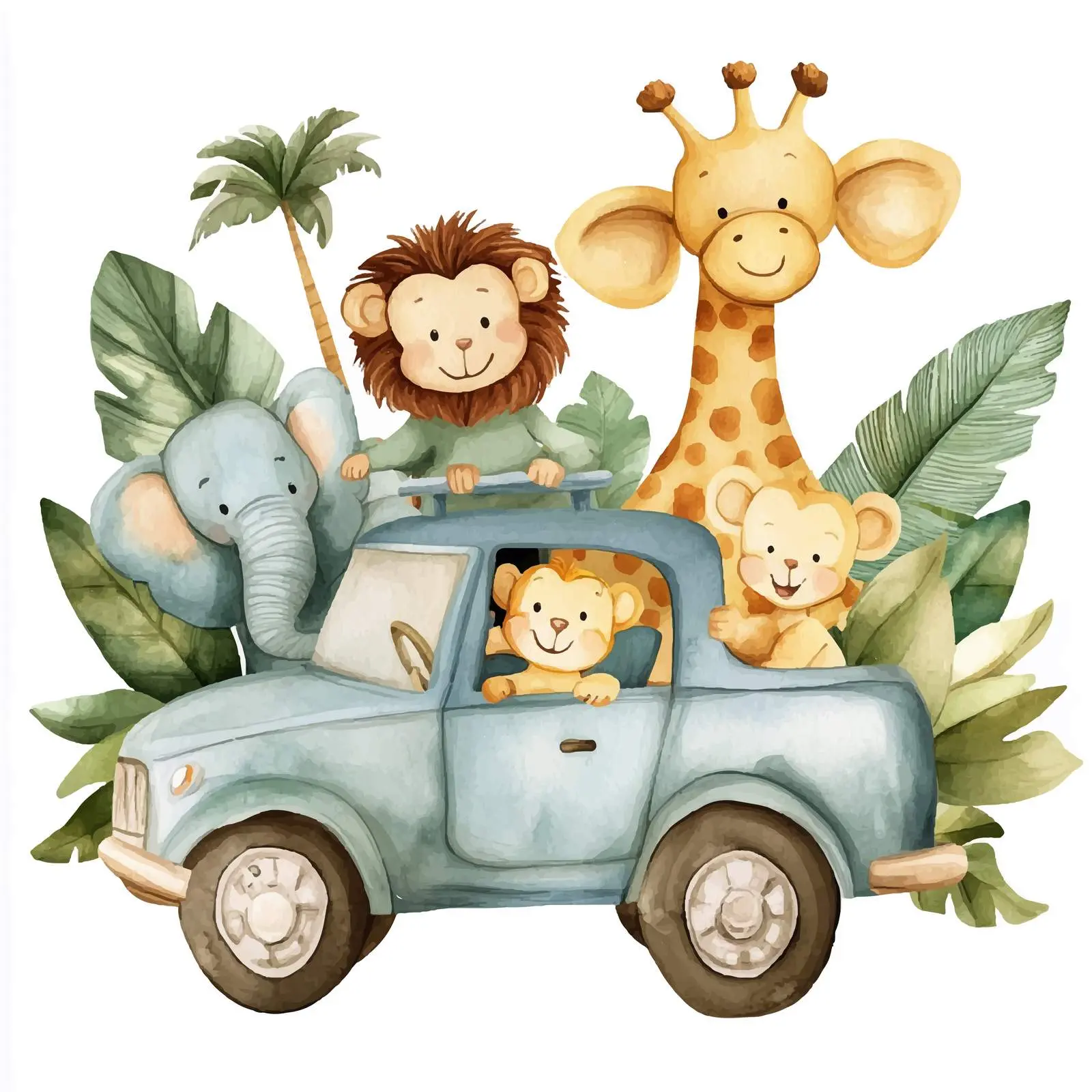 Tropical Animals Driving a Car Illustration – free imaginary image from Dotvec