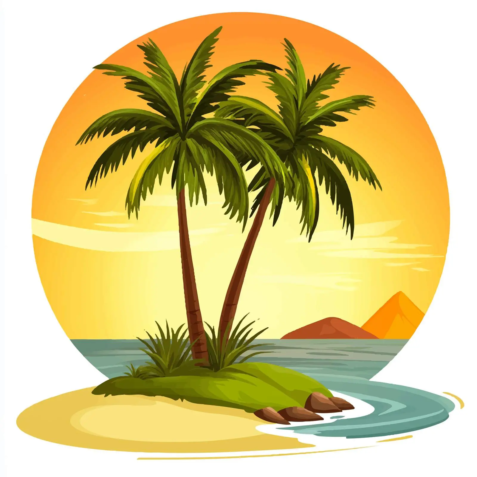 Tropical Island Sunset with Palm Tree Vector — free download from Dotvec