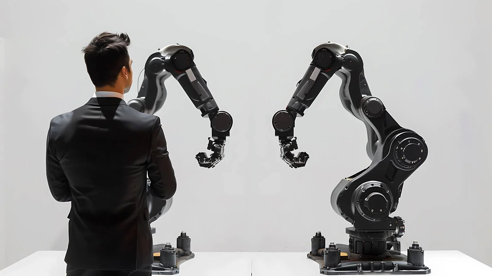 Businessmen observing industrial robots in factory — free download from Dotvec