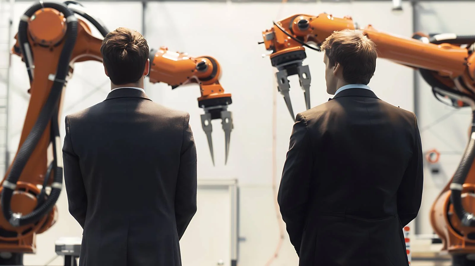 Businessmen observing industrial robots in factory — free download from Dotvec