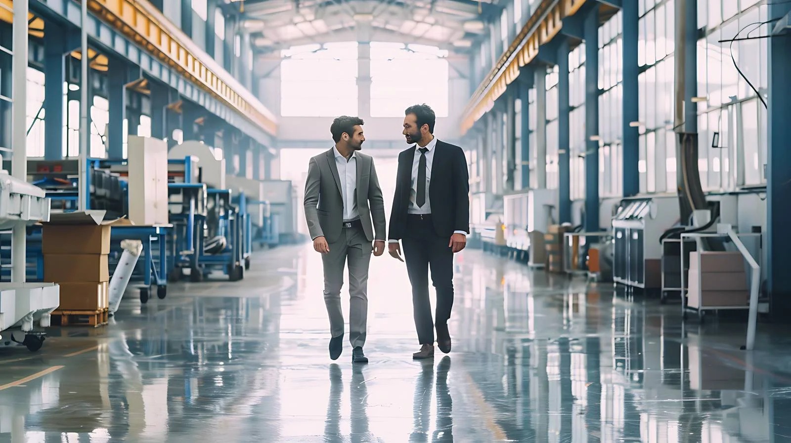 Businessmen discussing in factory setting — free download from Dotvec