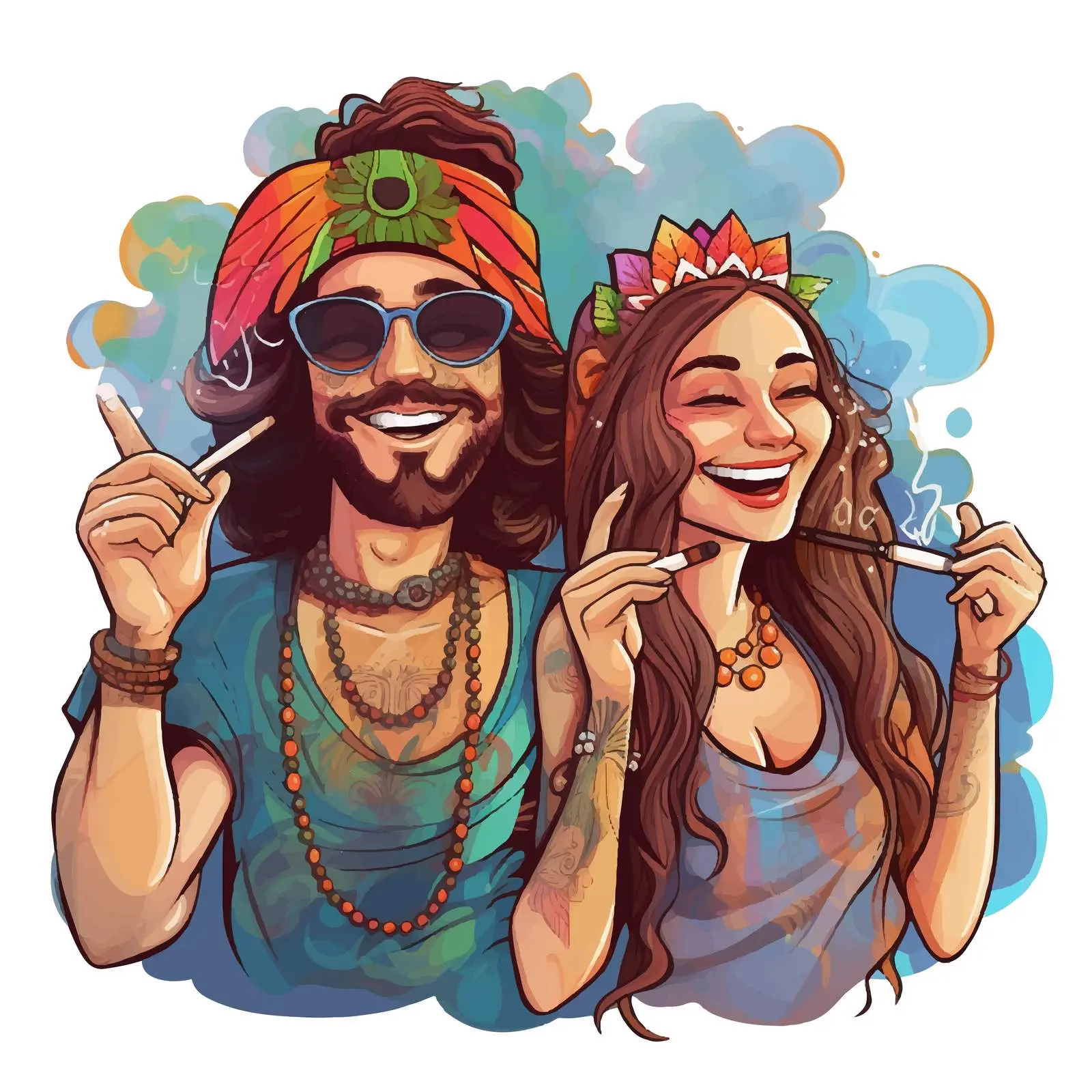 Cartoon Hippies Smoking and Smiling Together — free download from Dotvec