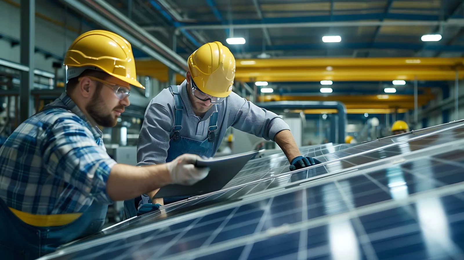 Industrial Workers Assembling Solar Panels Together — free download from Dotvec