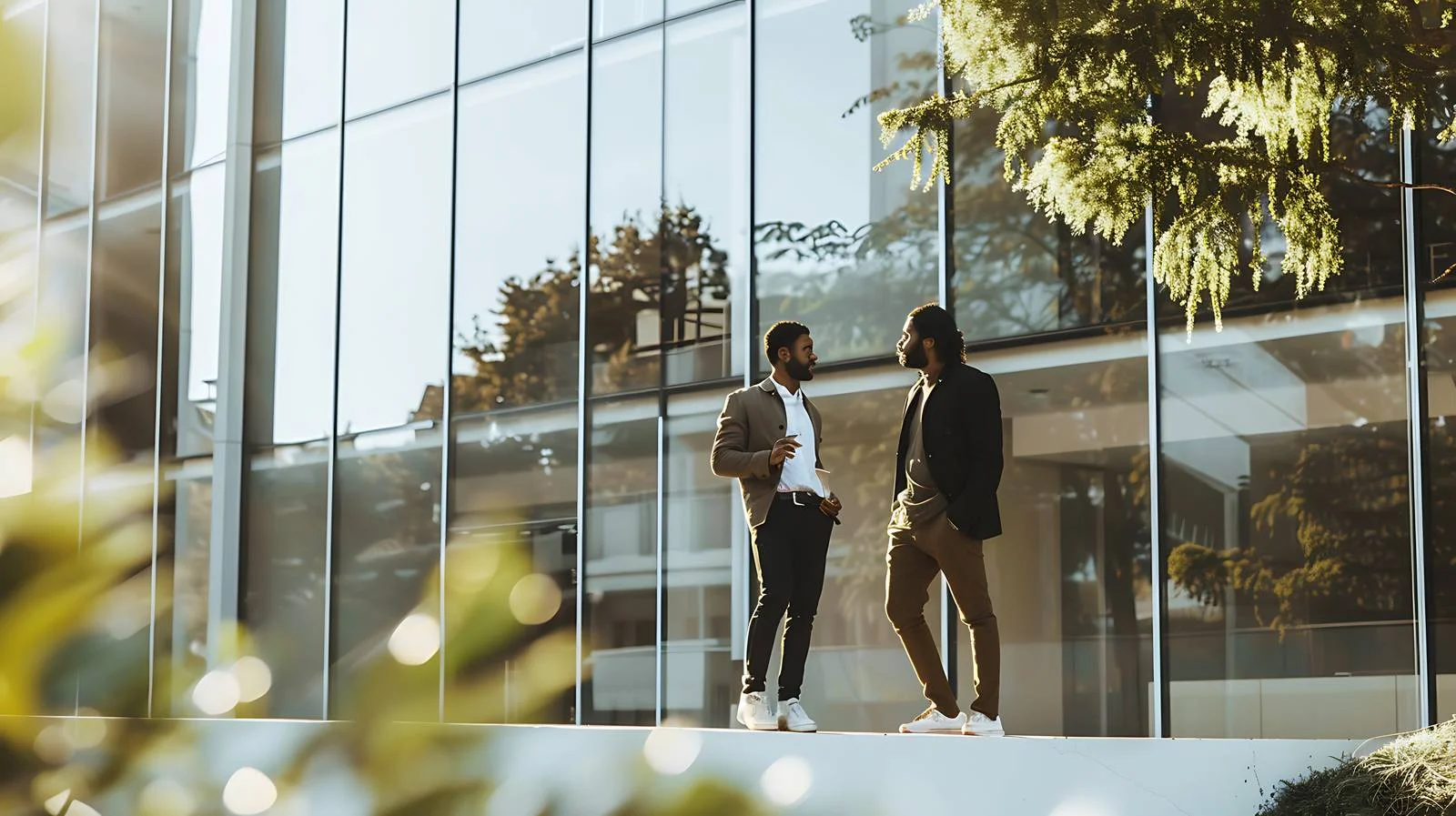 Colleagues discussing outside office building — free download from Dotvec