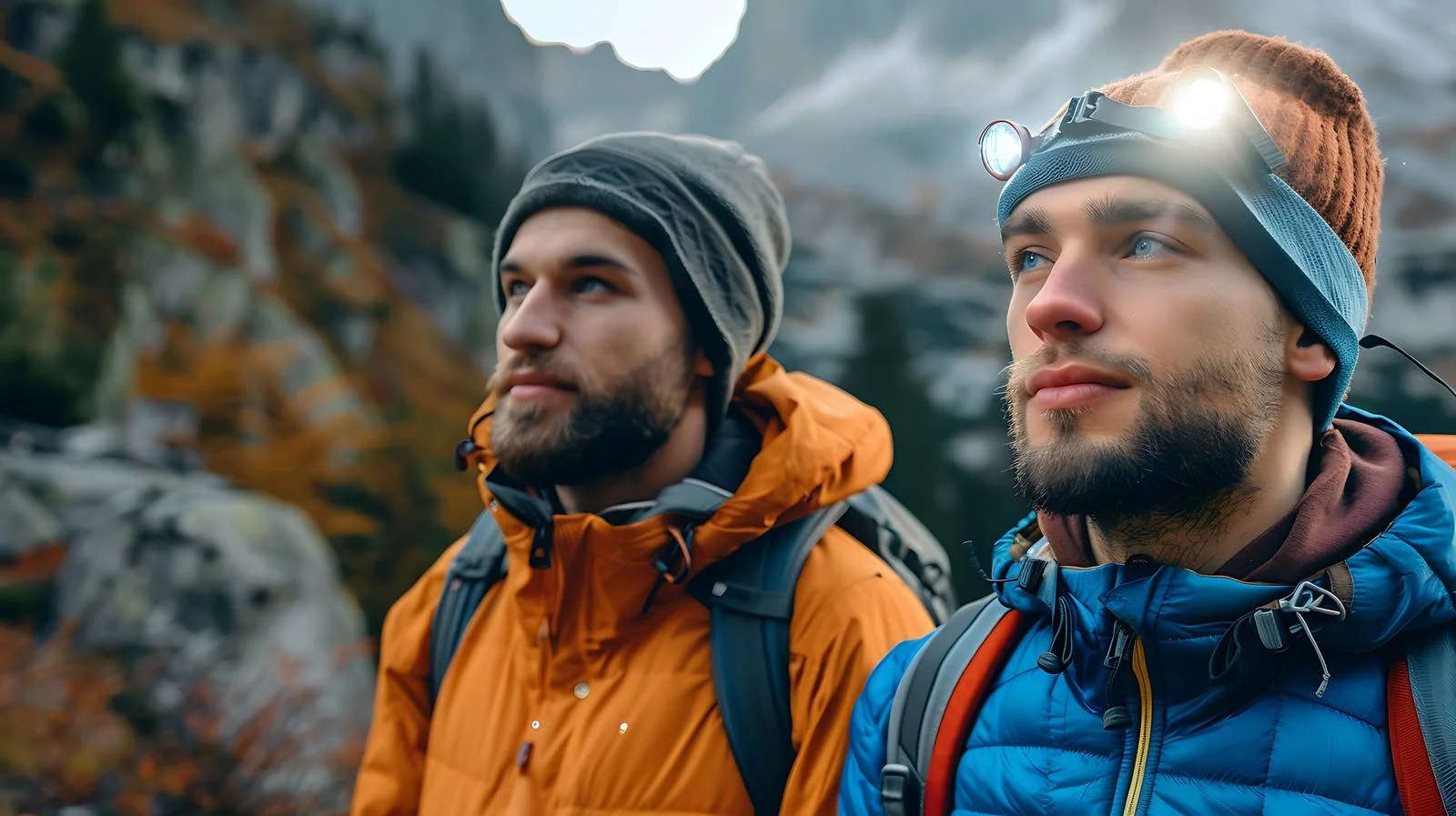 Explorers with Headlamps in Mountain Terrain — free download from Dotvec