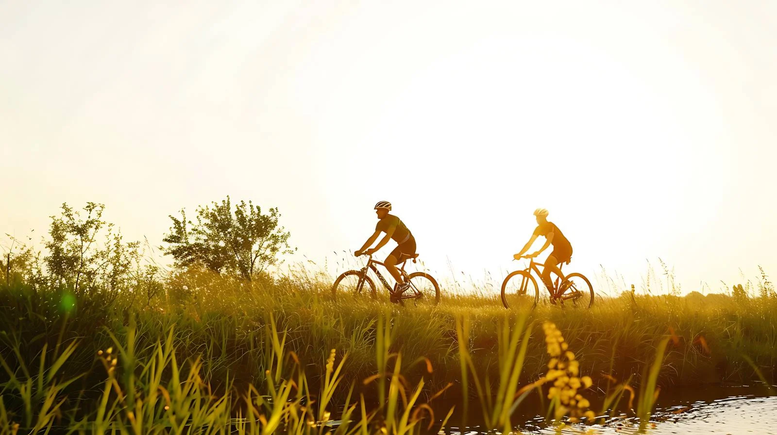 Cyclists biking along Rin River bank — free download from Dotvec