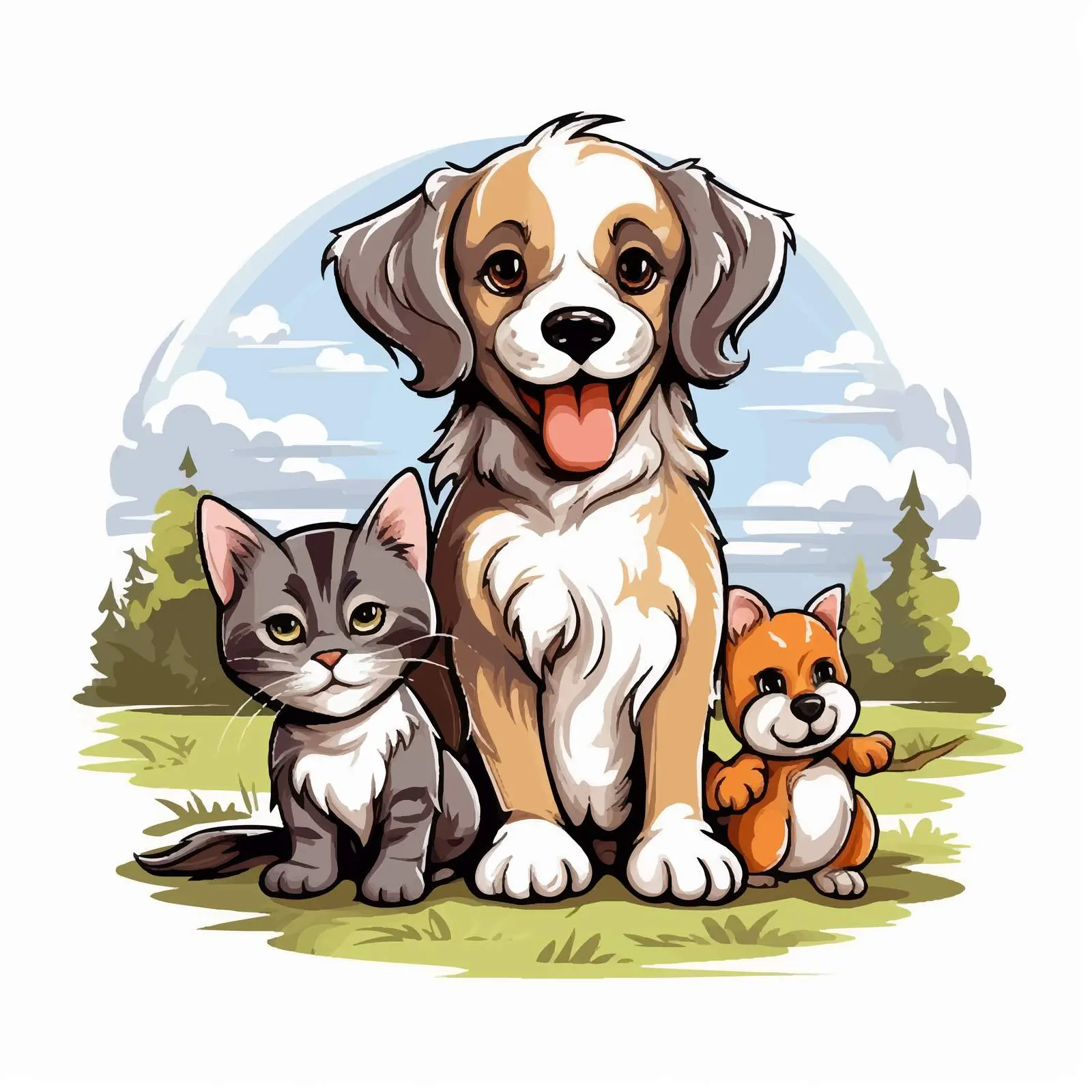 Two Dogs and a Cat Outdoors Illustration — free download from Dotvec