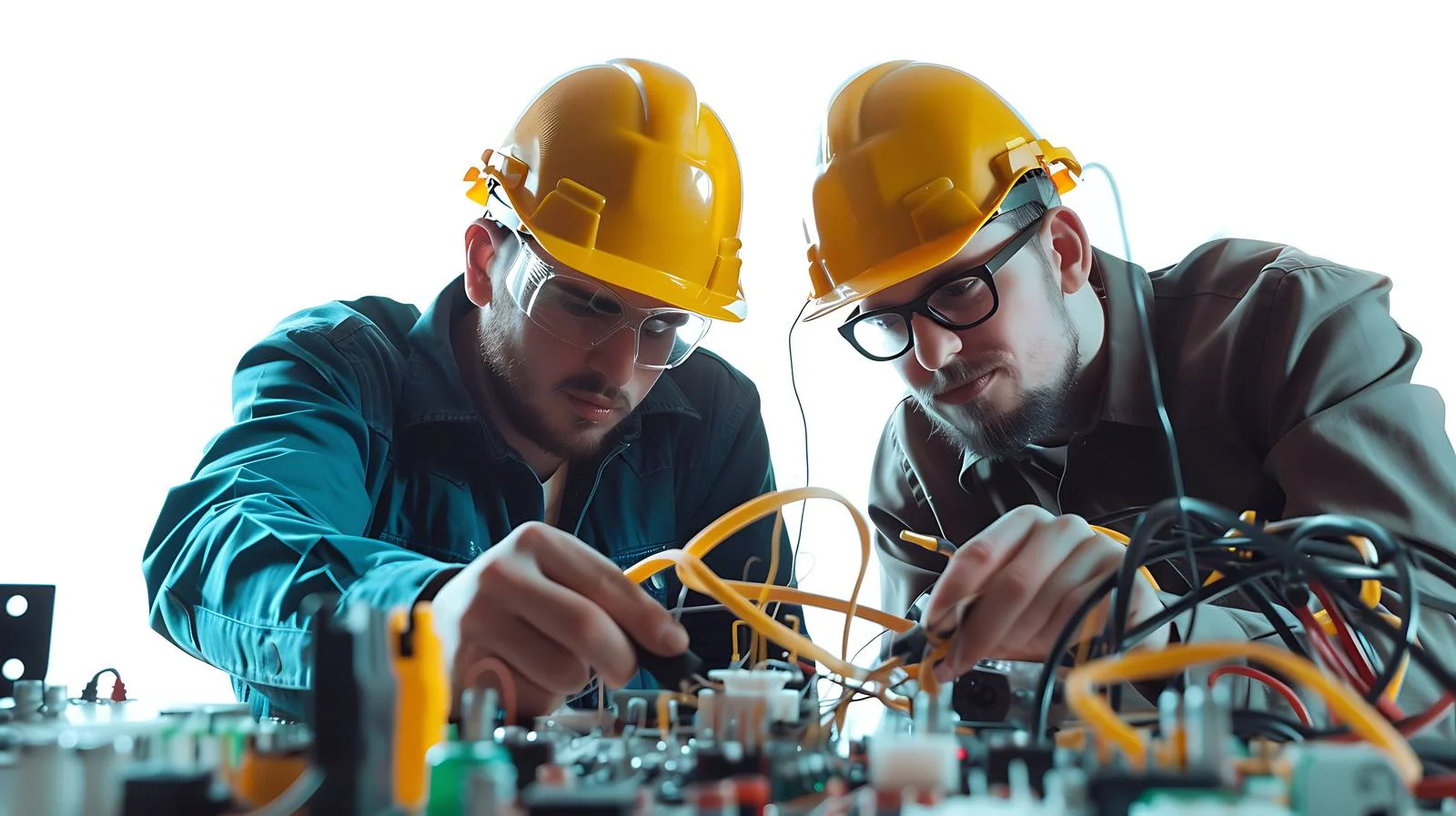 Electricians servicing circuits in workshop — free download from Dotvec