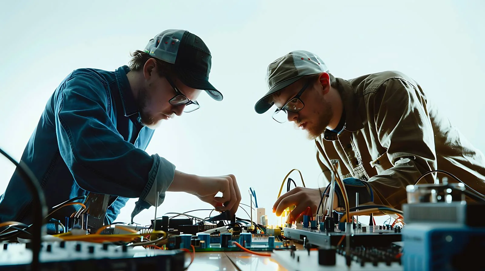 Electricians Repairing Circuitry in Workshop — free download from Dotvec