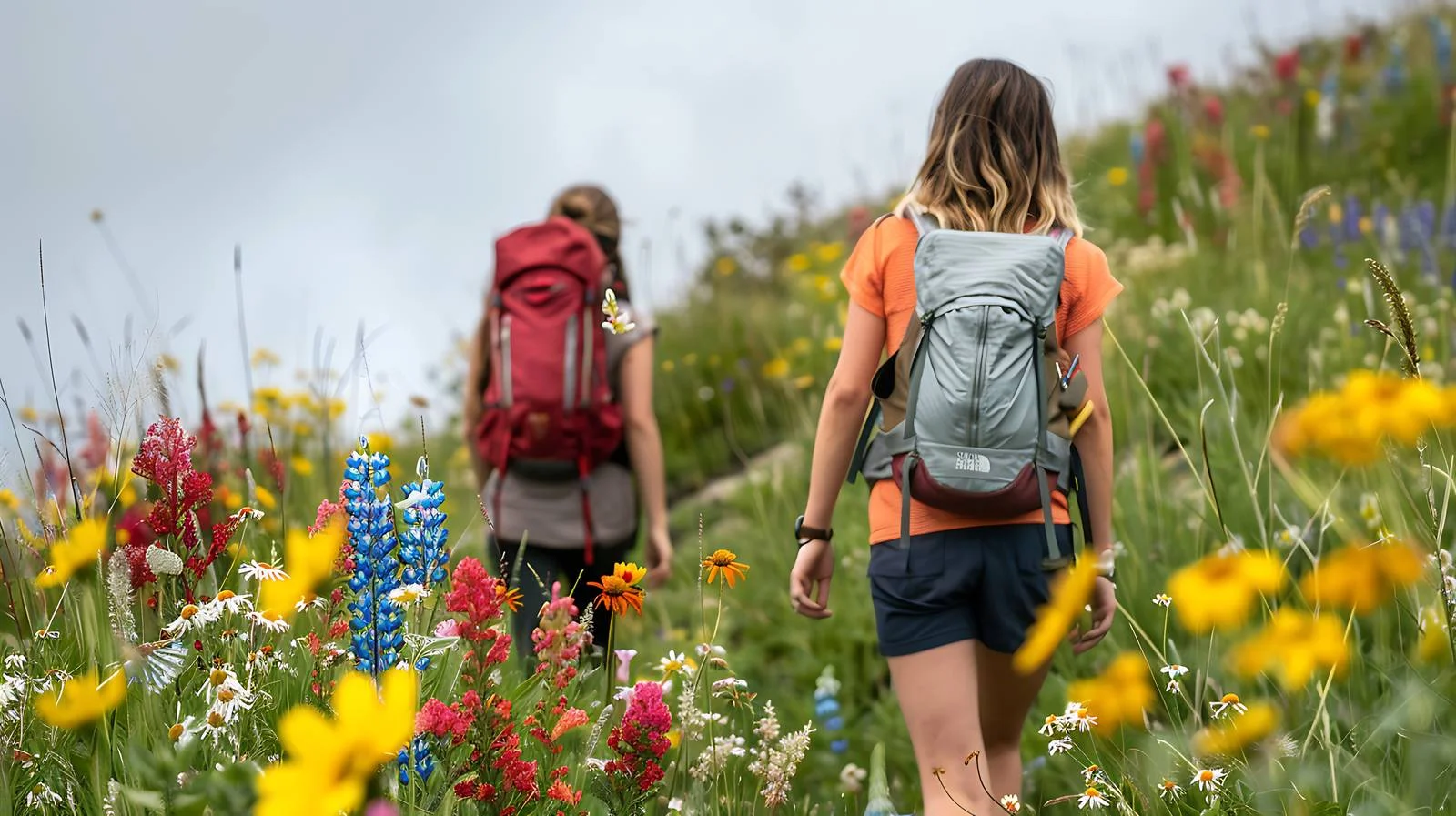 Two Women Hiking by Wildflowers — free download from Dotvec