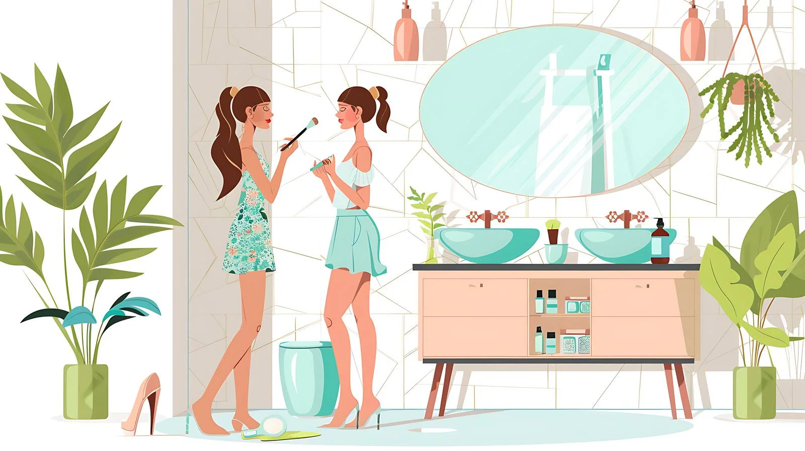 Girls Applying Makeup in Isolated Bathroom — free download from Dotvec