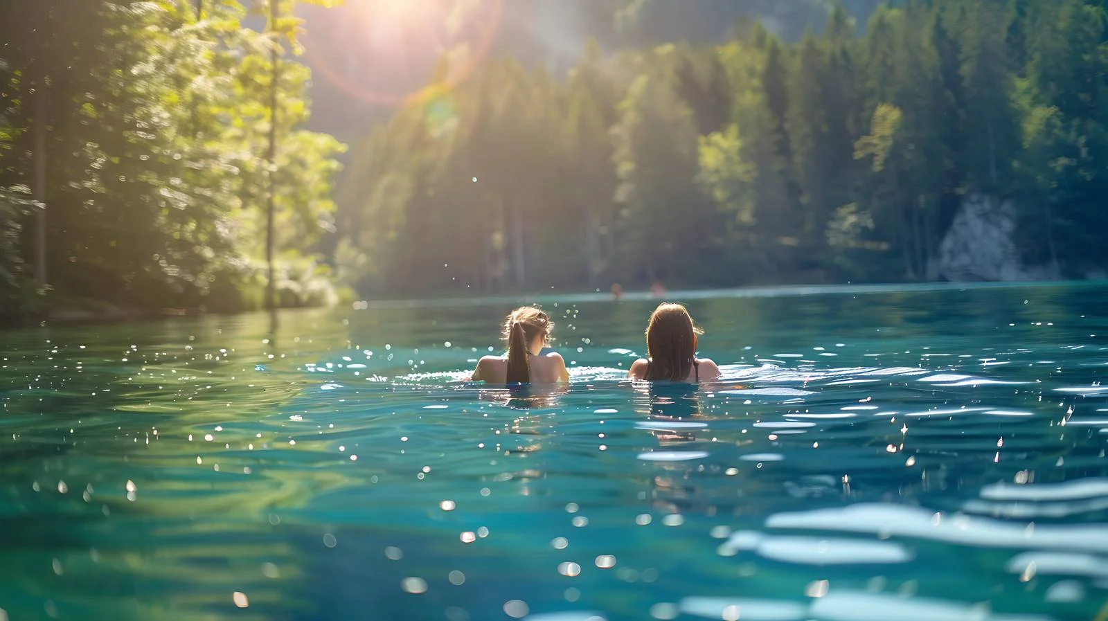 Two girls enjoy lake swim at Bannwaldsee — free download from Dotvec