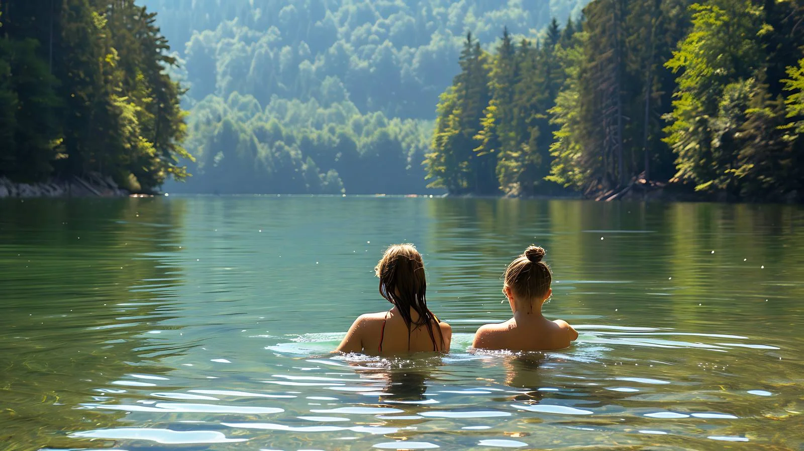 Girls enjoying lake swim at Bannwaldsee — free download from Dotvec