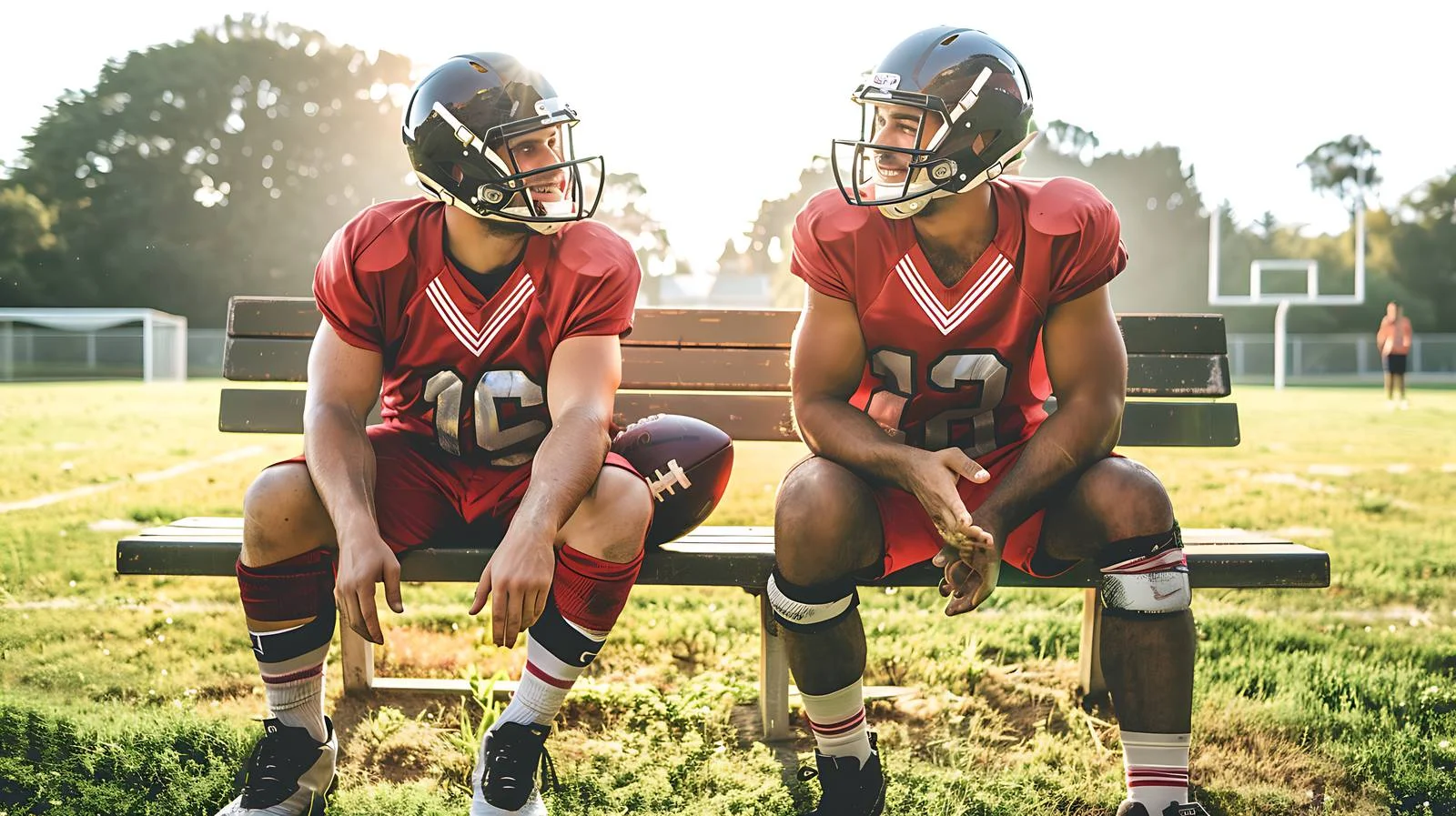Smiling footballers on bench near football field — free download from Dotvec