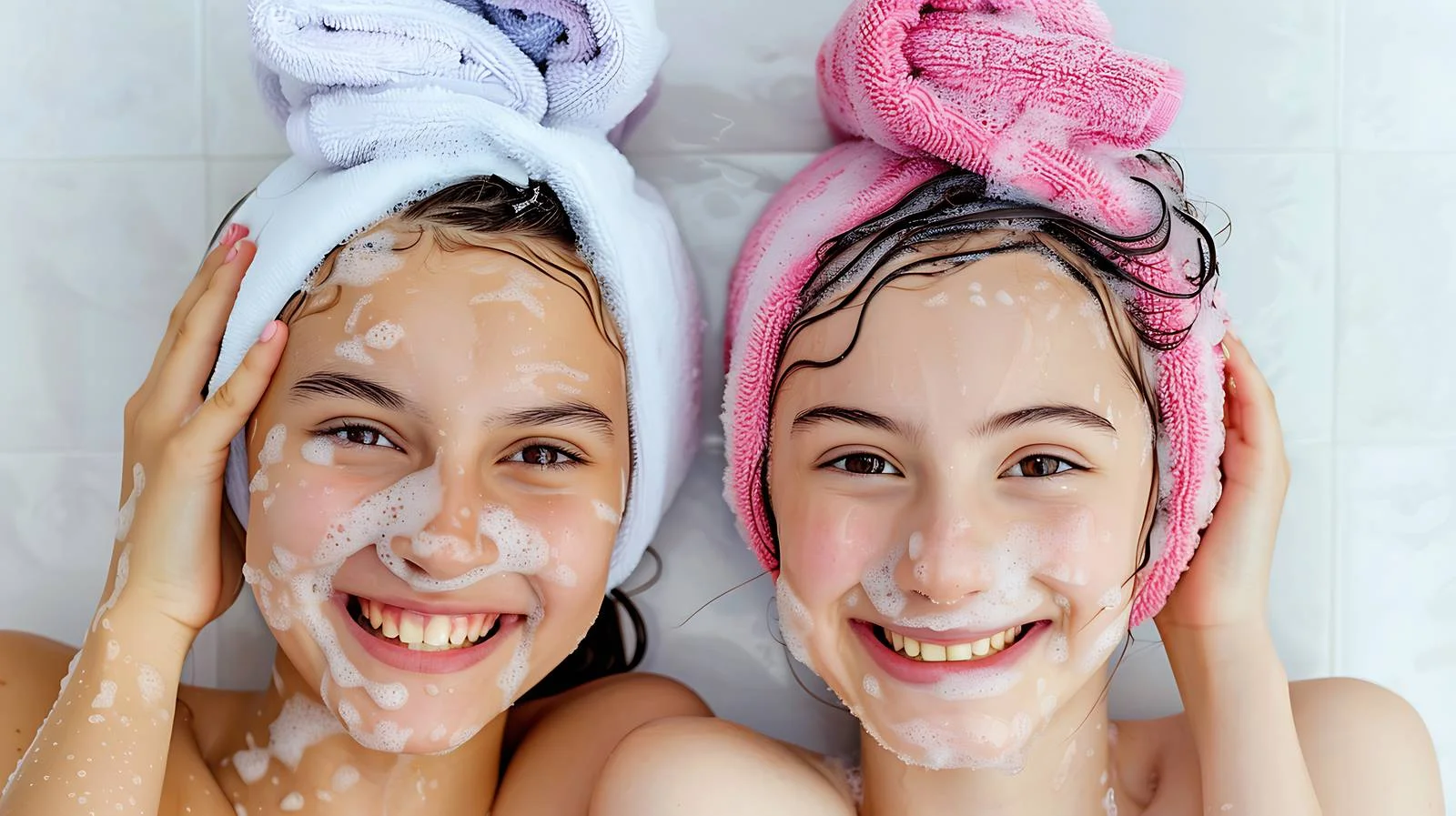 Cheerful girls in bathroom on white background — free download from Dotvec