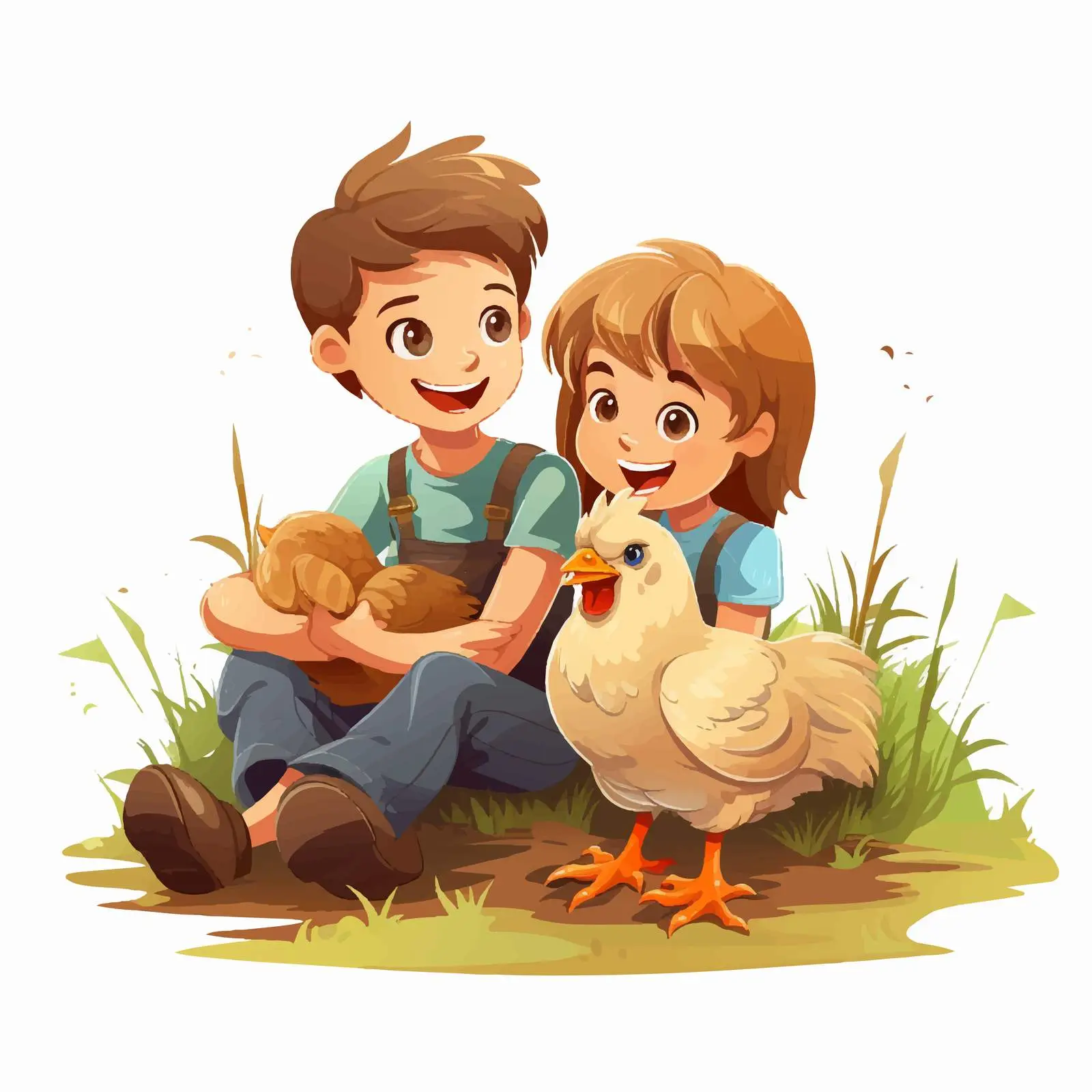 Kids Playing with Farm Chickens Vector Art — free download from Dotvec