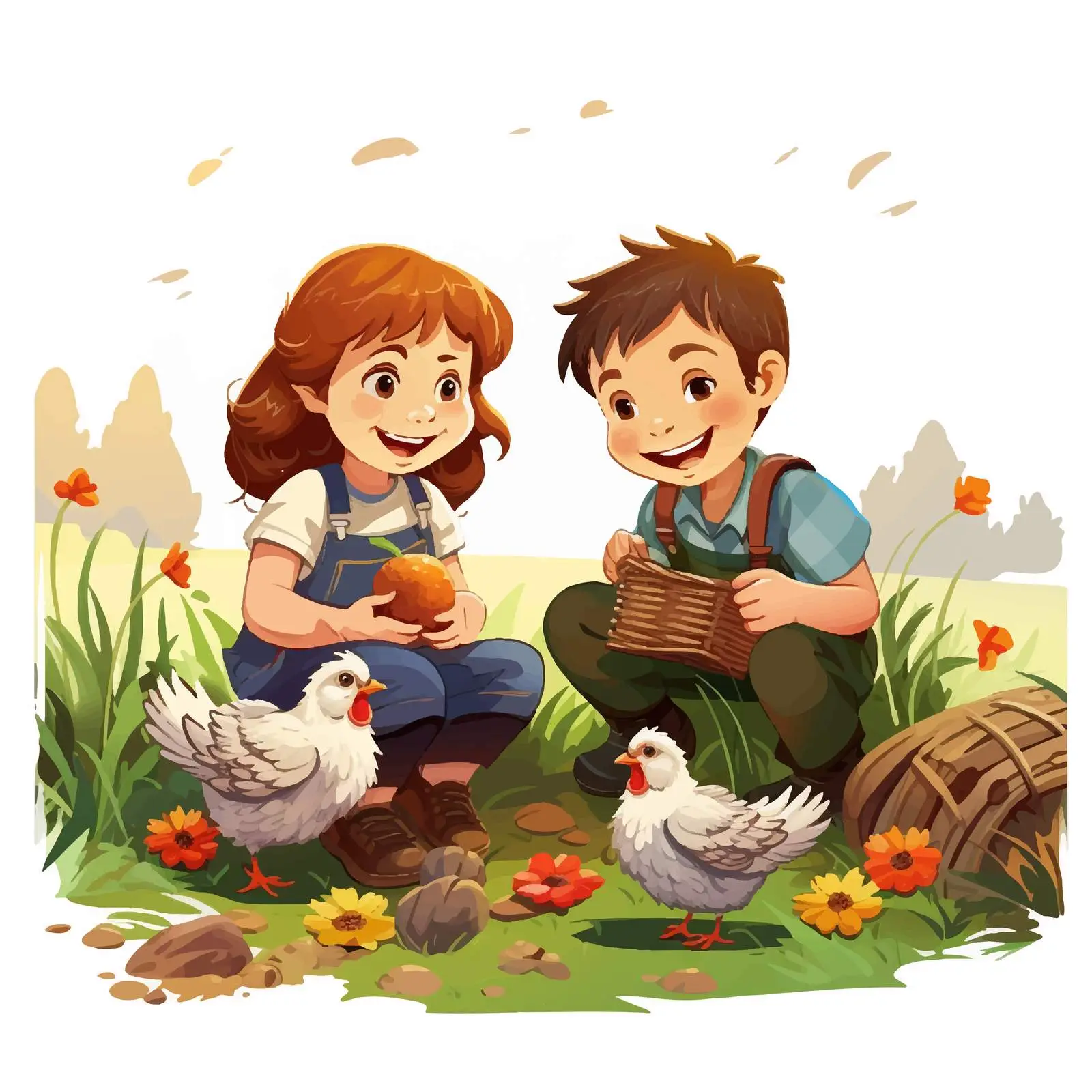 Kids Playing with Farm Chickens Vector Illustration — free download from Dotvec