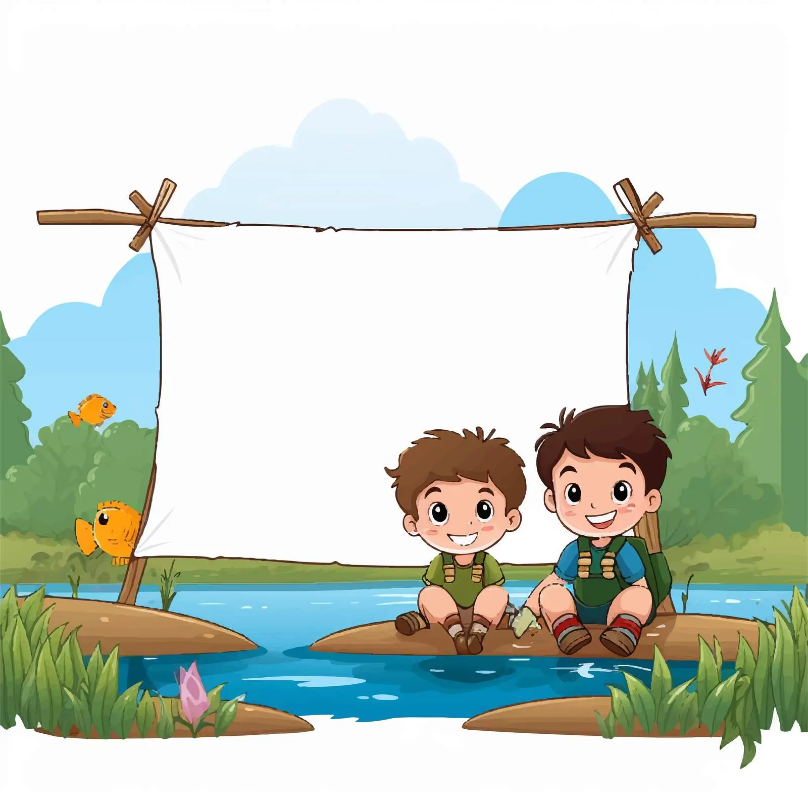 Kids Fishing by a Pond with Blank Sign — free download from Dotvec