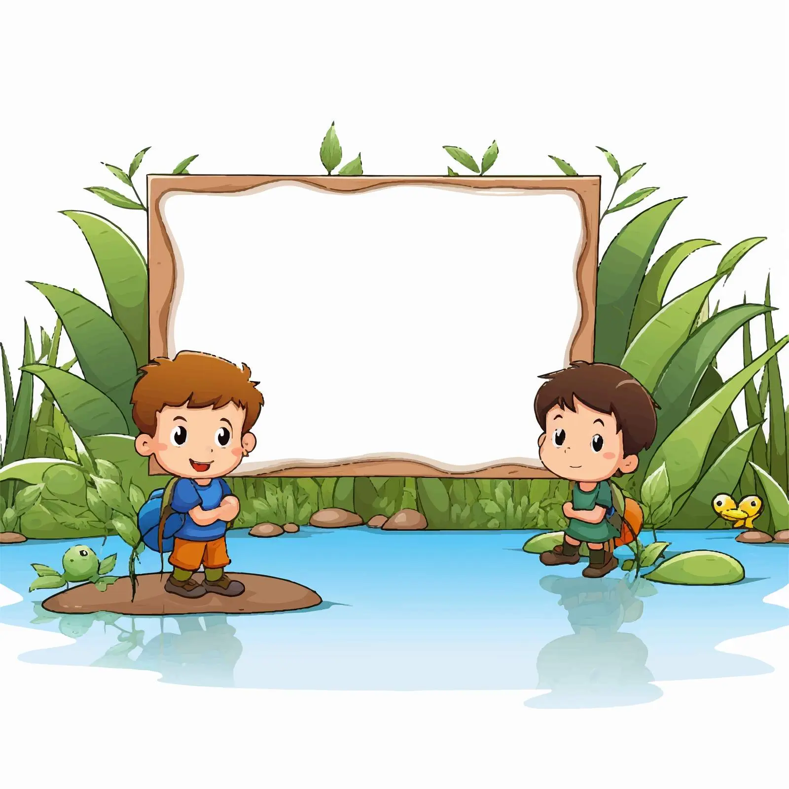 Kids Fishing by a Pond with Blank Sign — free download from Dotvec