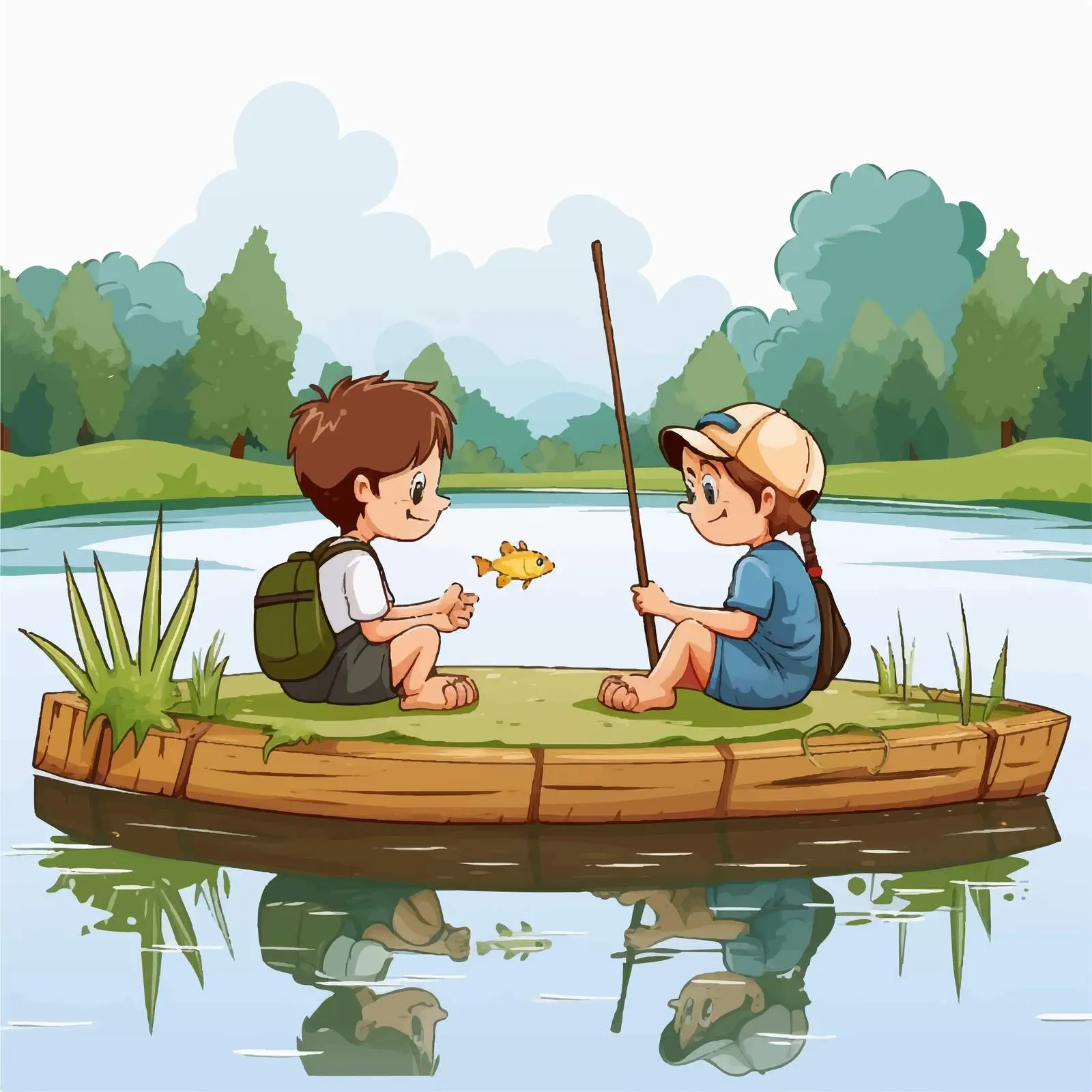 Kids Fishing by a Pond with Blank Sign — free download from Dotvec