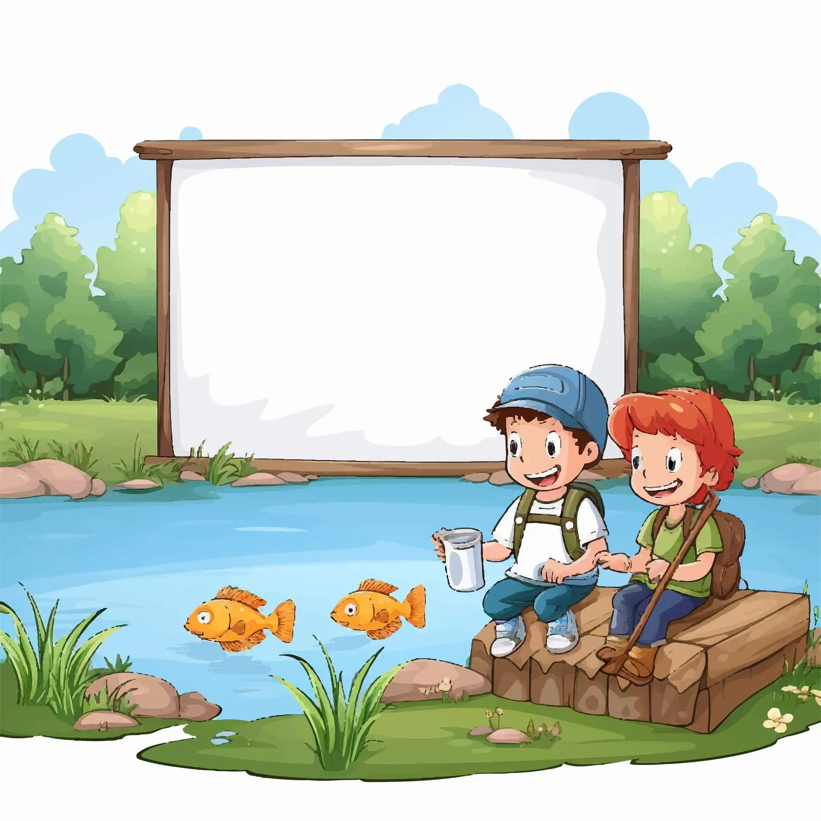 Kids Fishing by a Pond with Blank Sign — free download from Dotvec